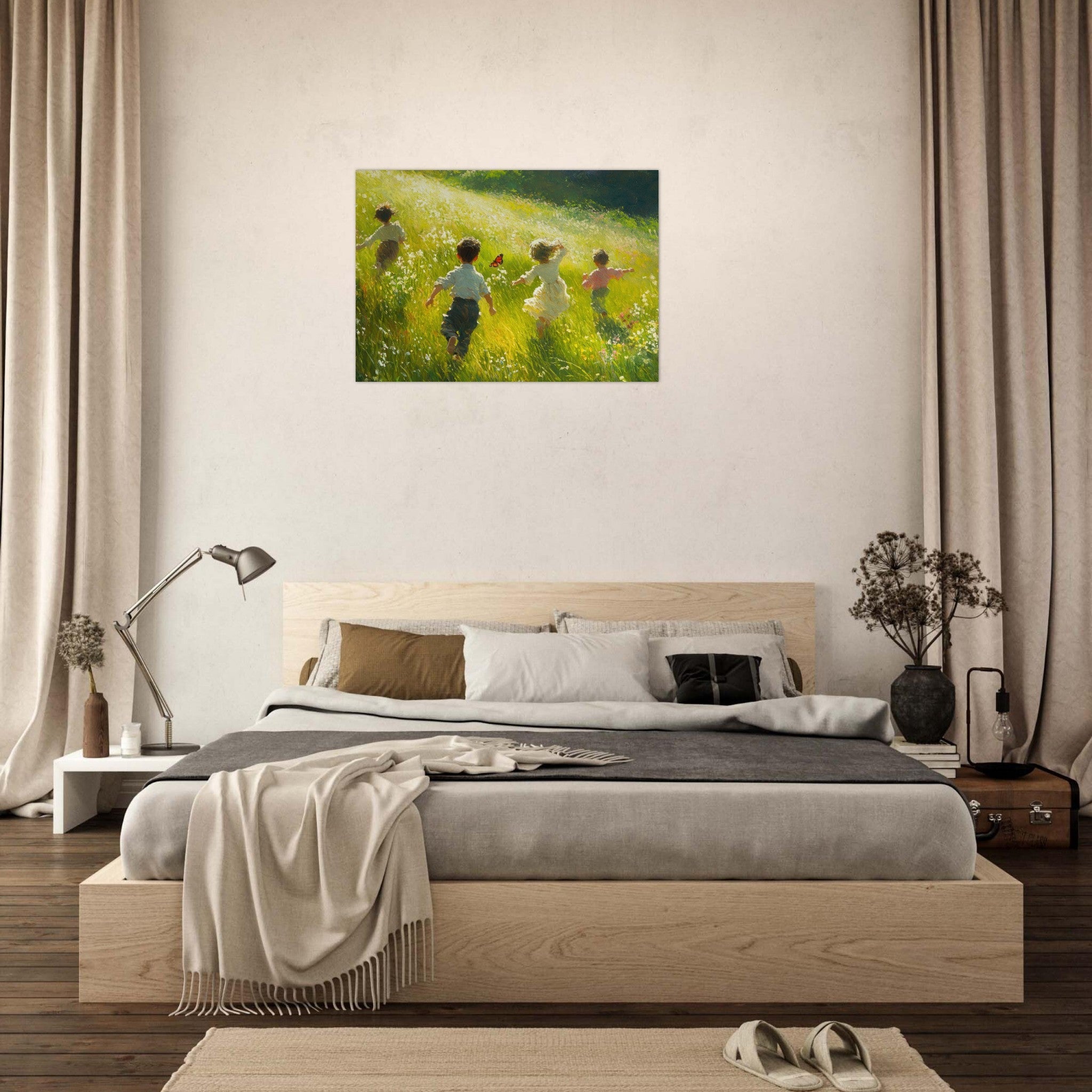 Aluminum Print Landscape - Children Playing in a Meadow A sunlit country 3 - Shop Ai Art WebShop - Digital Art online Store