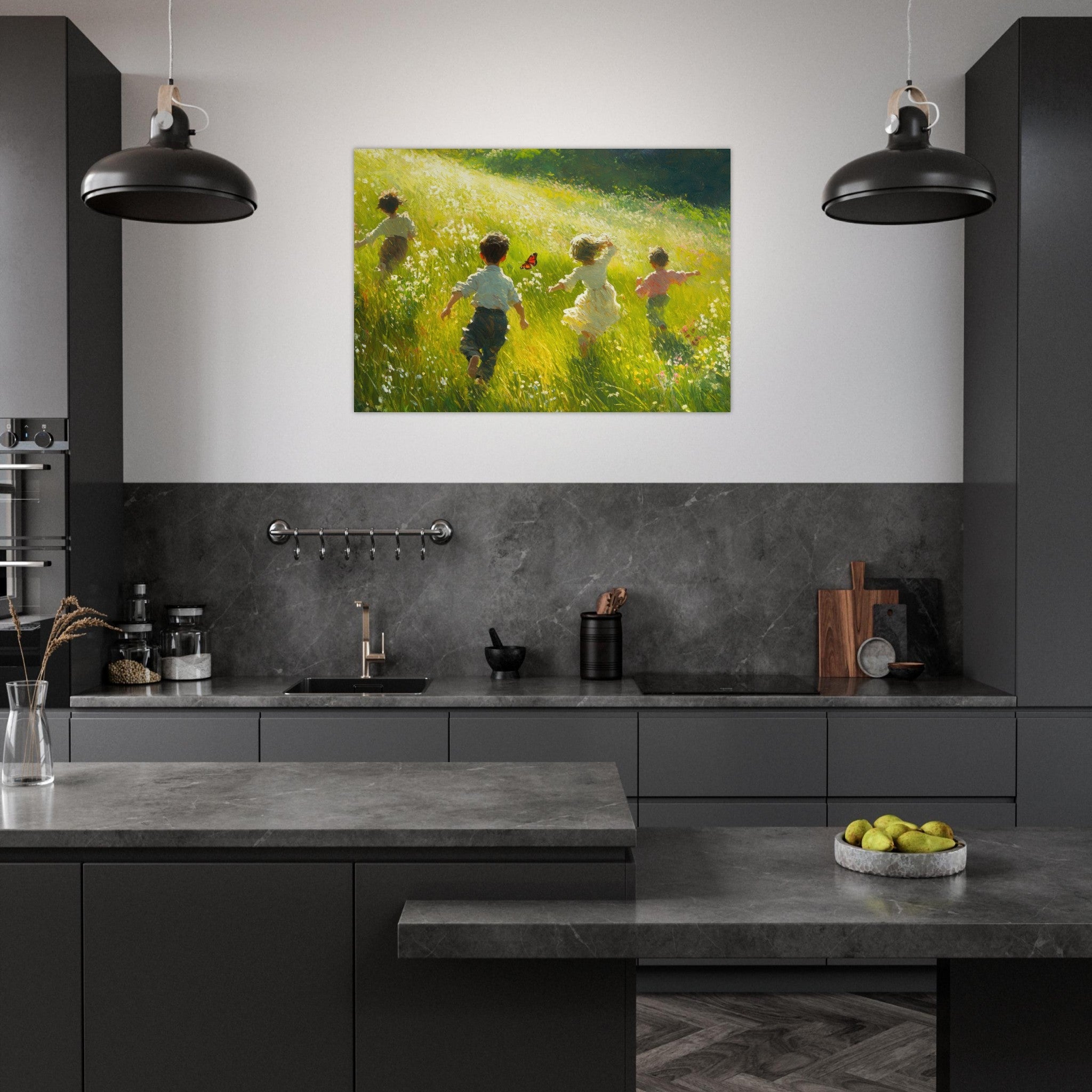 Aluminum Print Landscape - Children Playing in a Meadow A sunlit country 3 - Shop Ai Art WebShop - Digital Art online Store