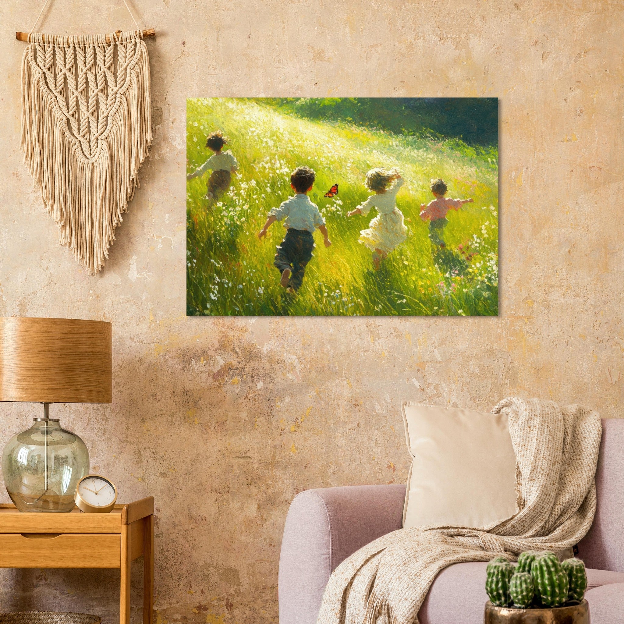 Aluminum Print Landscape - Children Playing in a Meadow A sunlit country 3 - Shop Ai Art WebShop - Digital Art online Store