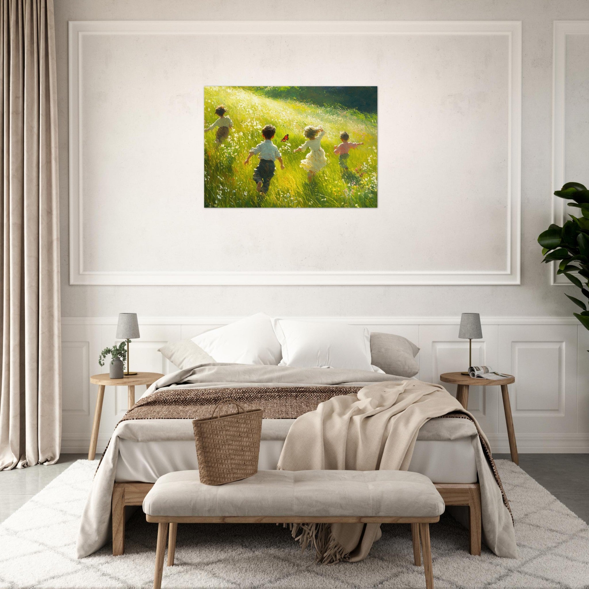 Aluminum Print Landscape - Children Playing in a Meadow A sunlit country 3 - Shop Ai Art WebShop - Digital Art online Store