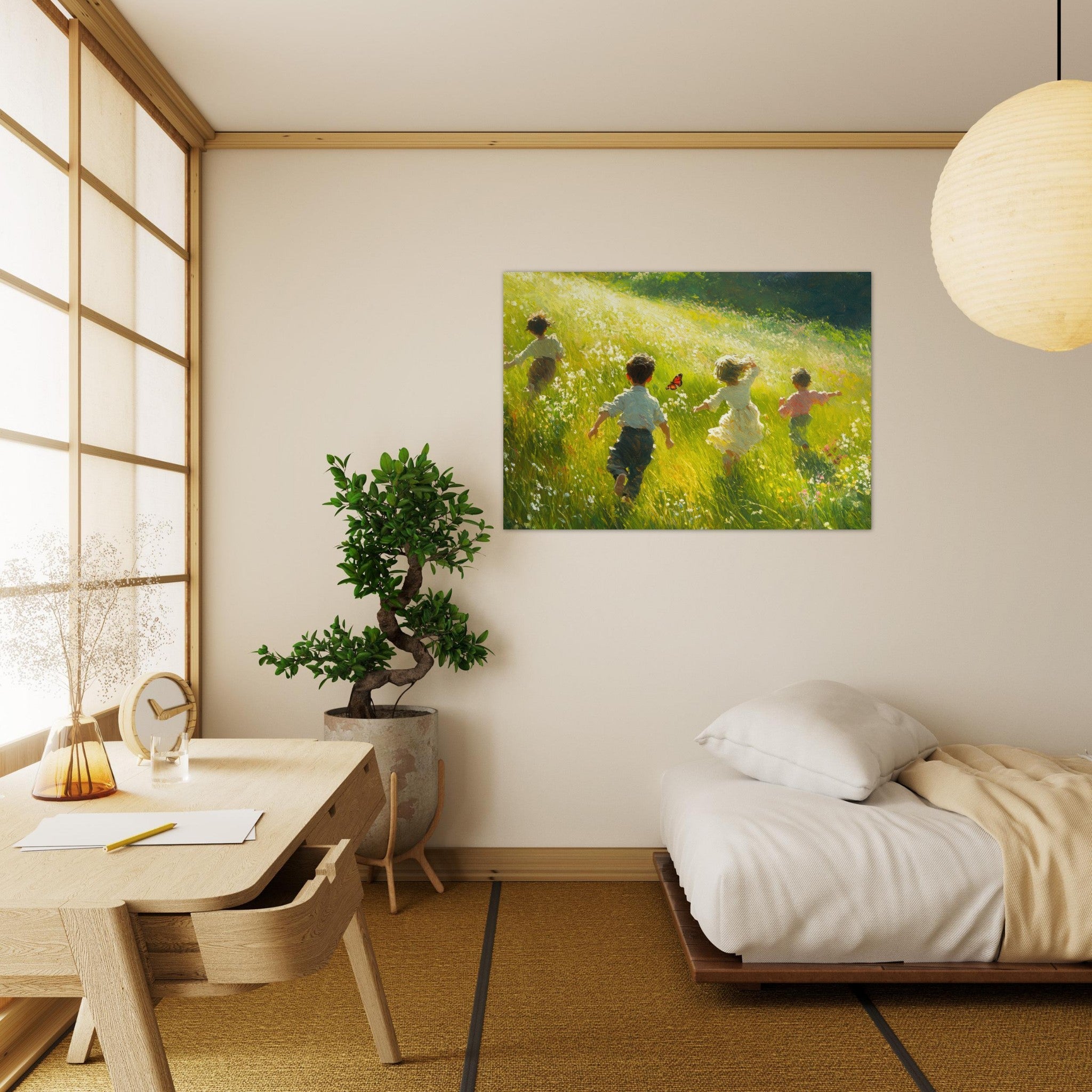 Aluminum Print Landscape - Children Playing in a Meadow A sunlit country 3 - Shop Ai Art WebShop - Digital Art online Store