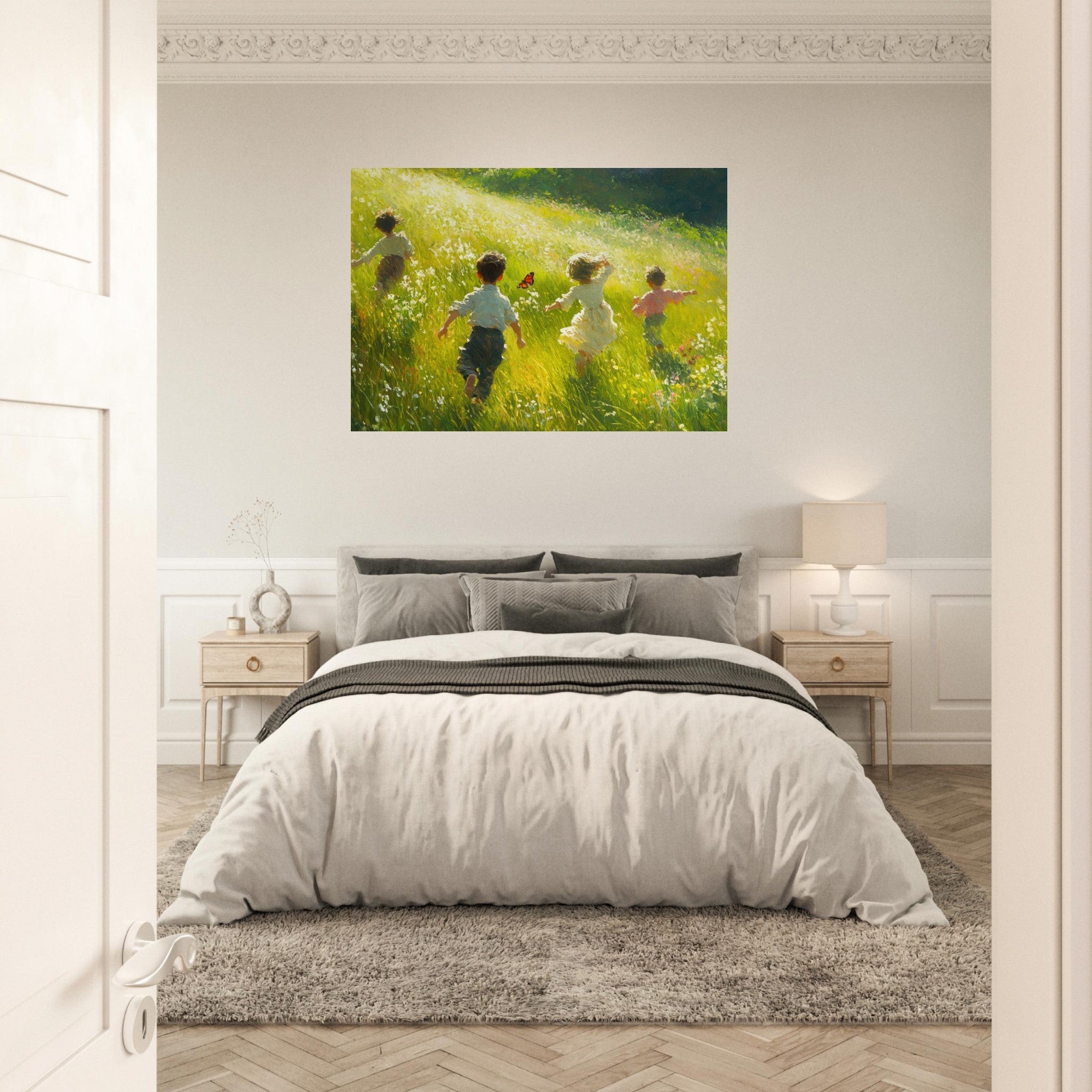 Aluminum Print Landscape - Children Playing in a Meadow A sunlit country 3 - Shop Ai Art WebShop - Digital Art online Store
