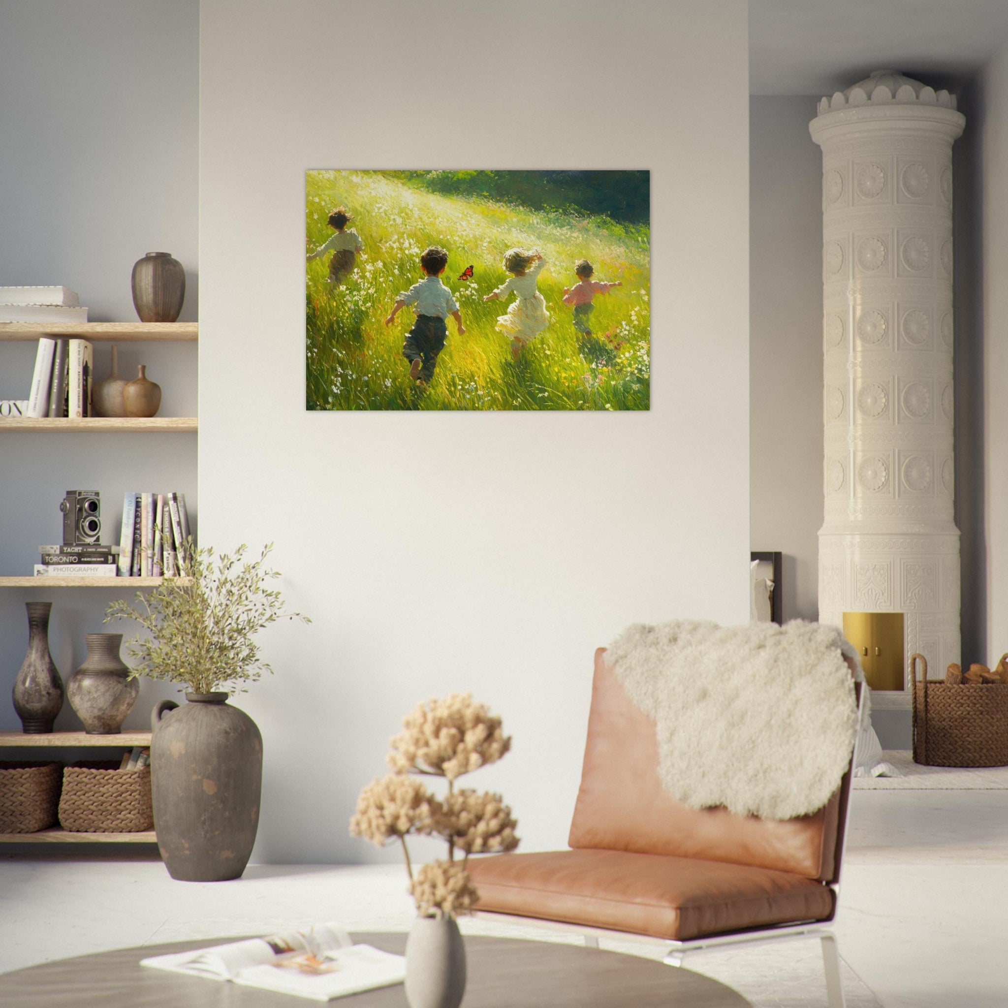 Aluminum Print Landscape - Children Playing in a Meadow A sunlit country 3 - Shop Ai Art WebShop - Digital Art online Store