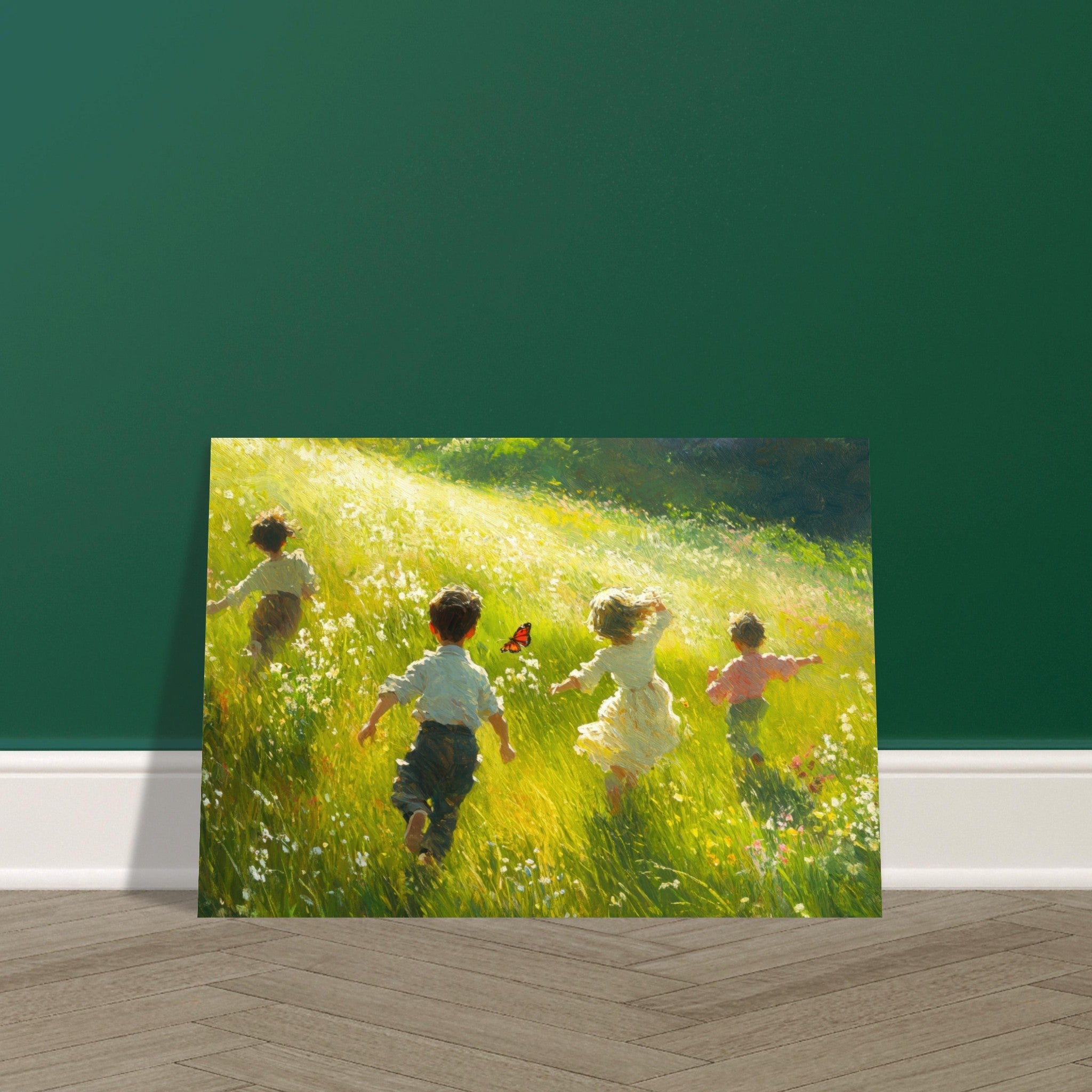 Aluminum Print Landscape - Children Playing in a Meadow A sunlit country 3 - Shop Ai Art WebShop - Digital Art online Store