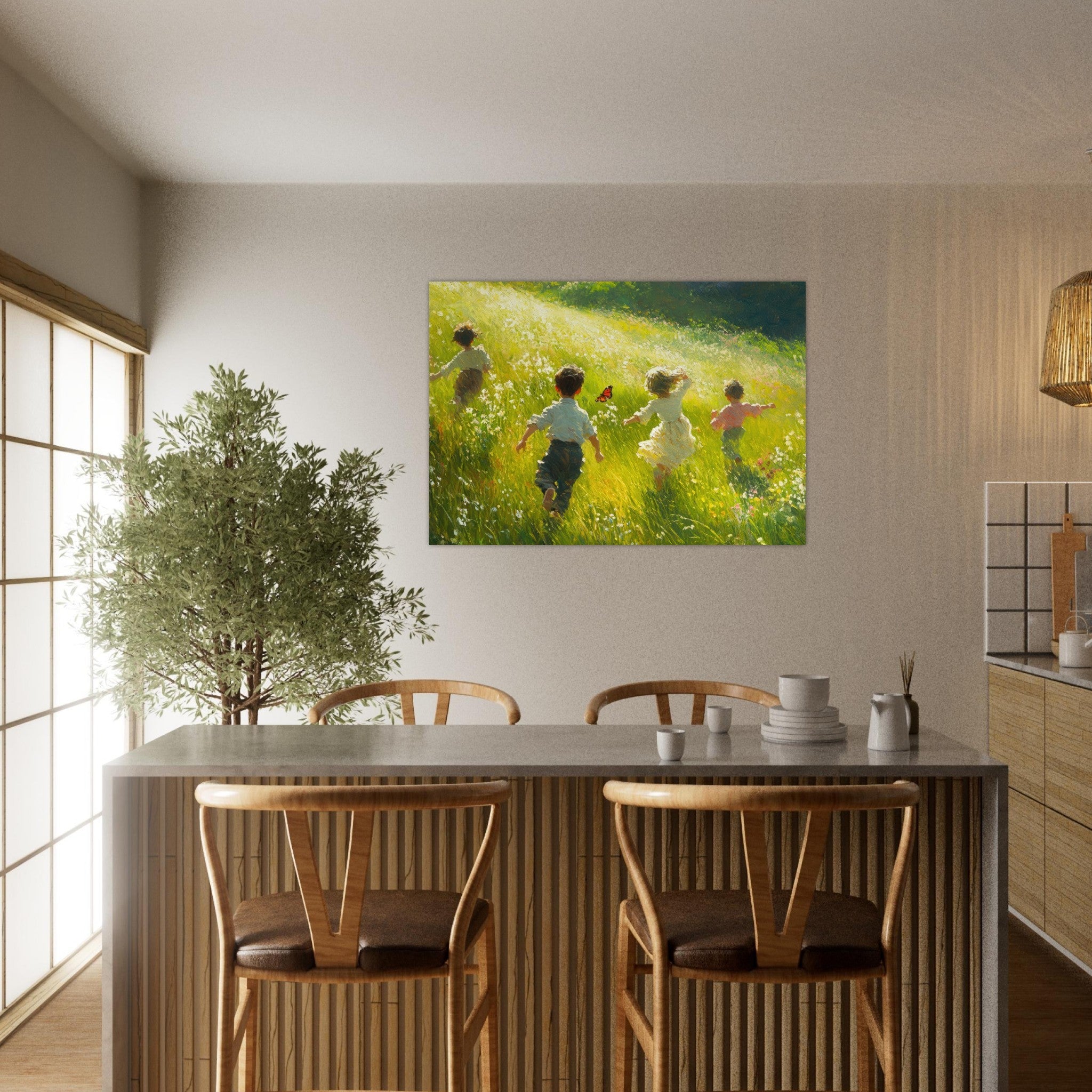 Aluminum Print Landscape - Children Playing in a Meadow A sunlit country 3 - Shop Ai Art WebShop - Digital Art online Store