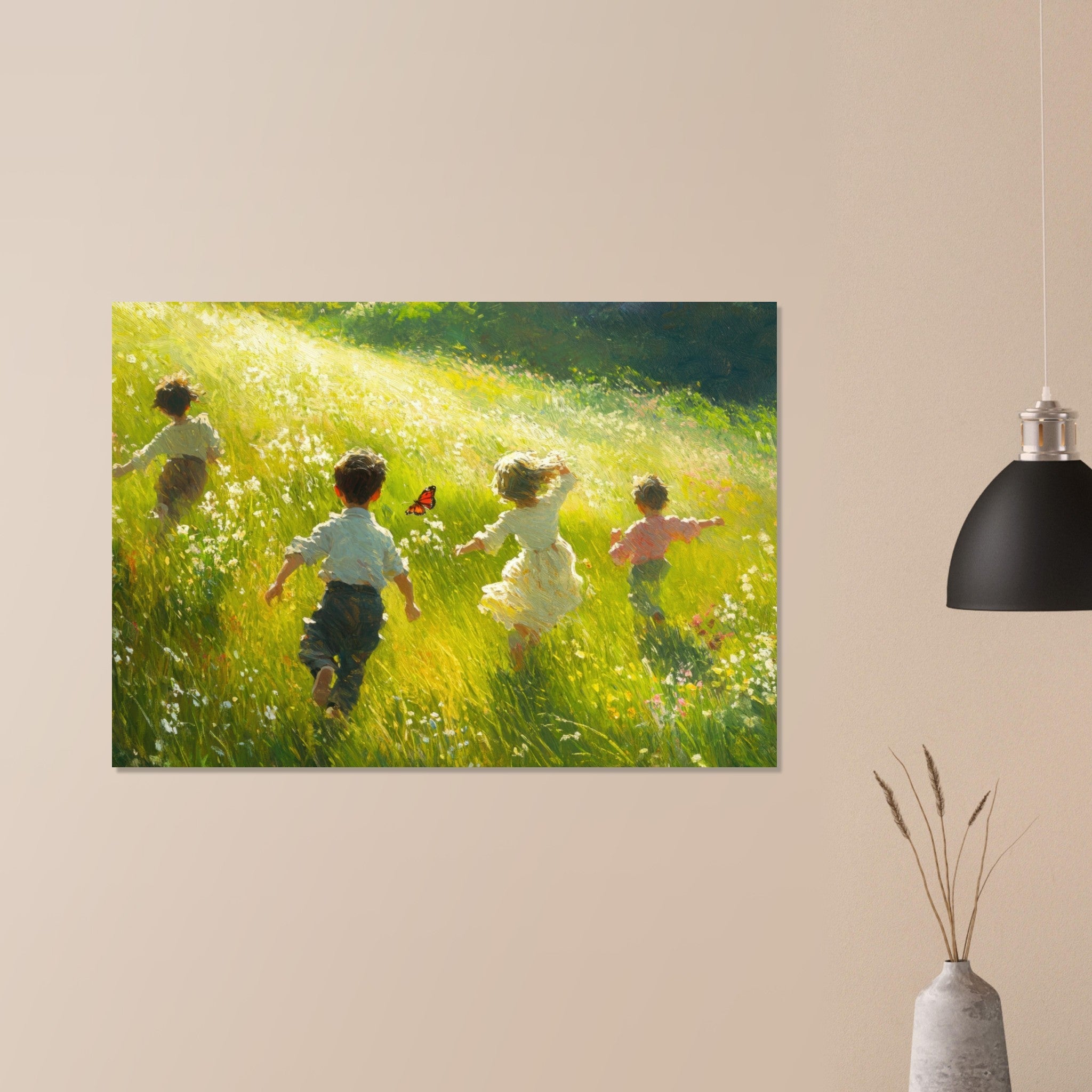 Aluminum Print Landscape - Children Playing in a Meadow A sunlit country 3 - Shop Ai Art WebShop - Digital Art online Store
