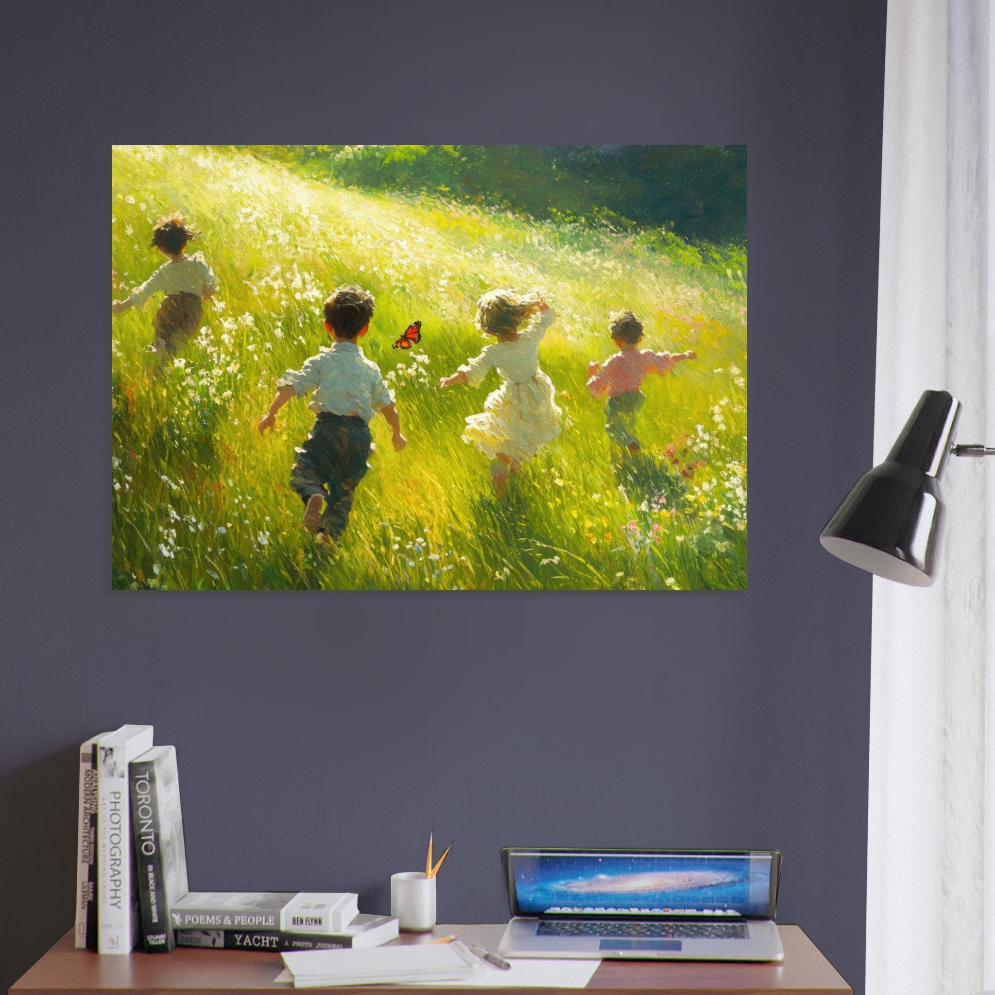 Aluminum Print Landscape - Children Playing in a Meadow A sunlit country 3 - Shop Ai Art WebShop - Digital Art online Store