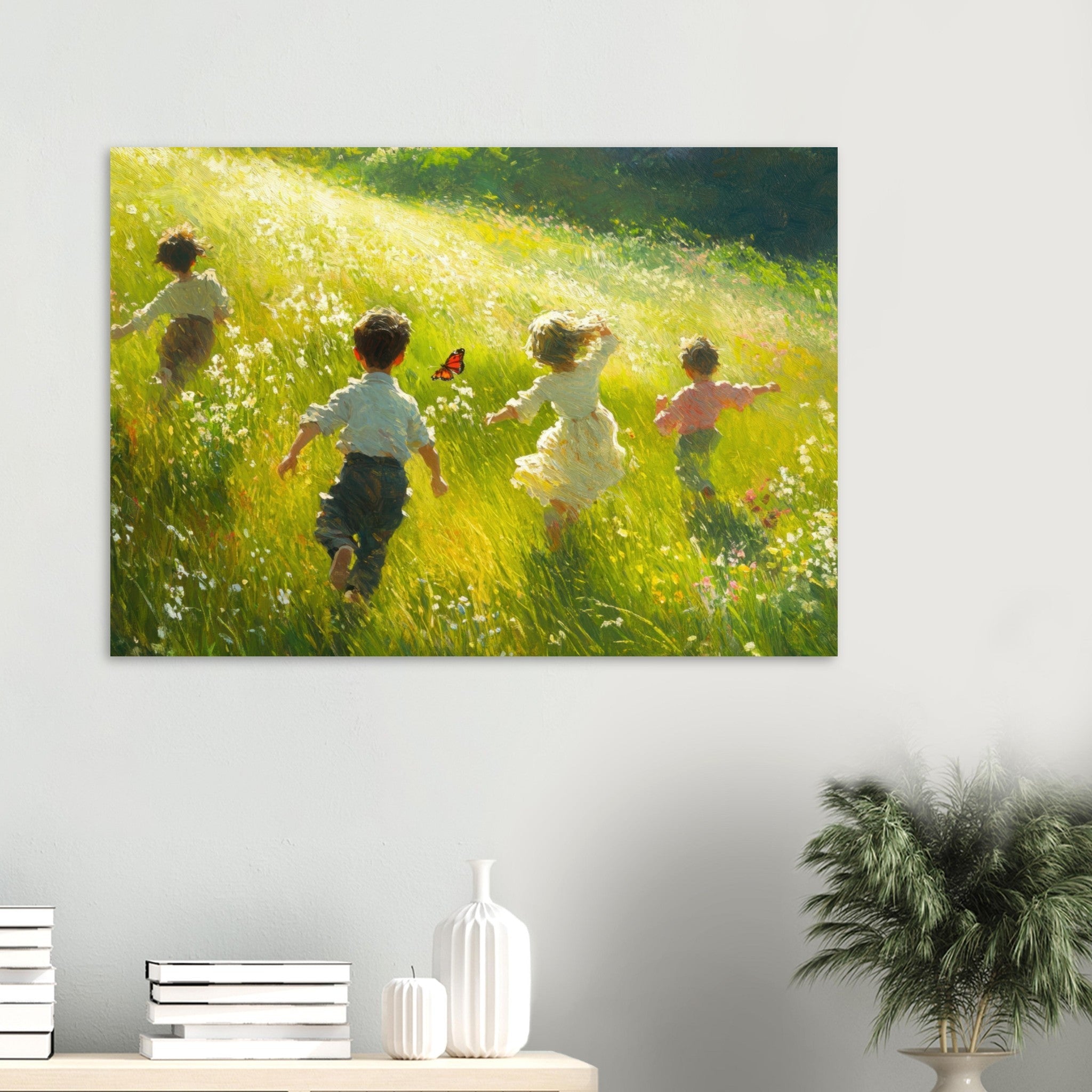 Aluminum Print Landscape - Children Playing in a Meadow A sunlit country 3 - Shop Ai Art WebShop - Digital Art online Store