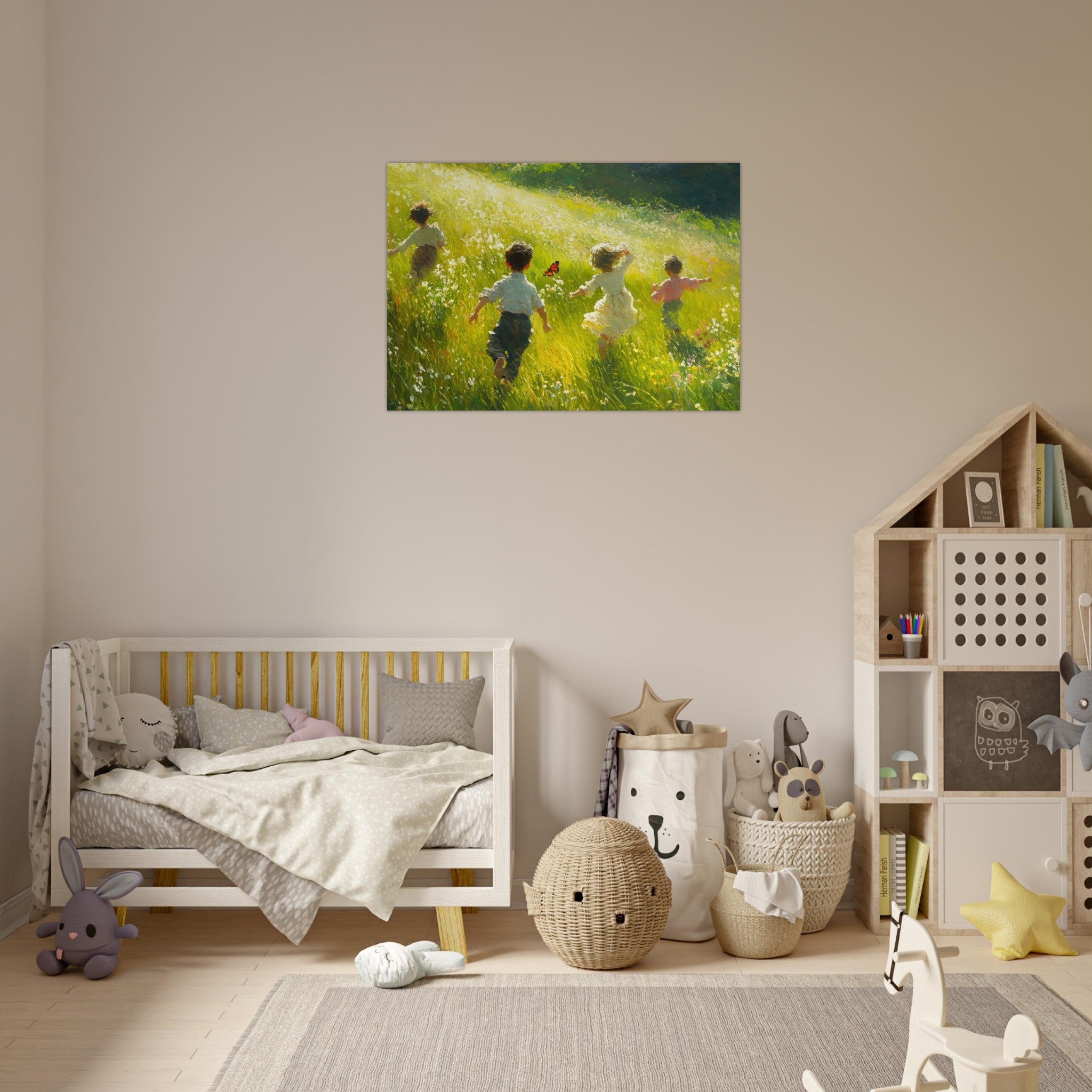 Aluminum Print Landscape - Children Playing in a Meadow A sunlit country 3 - Shop Ai Art WebShop - Digital Art online Store