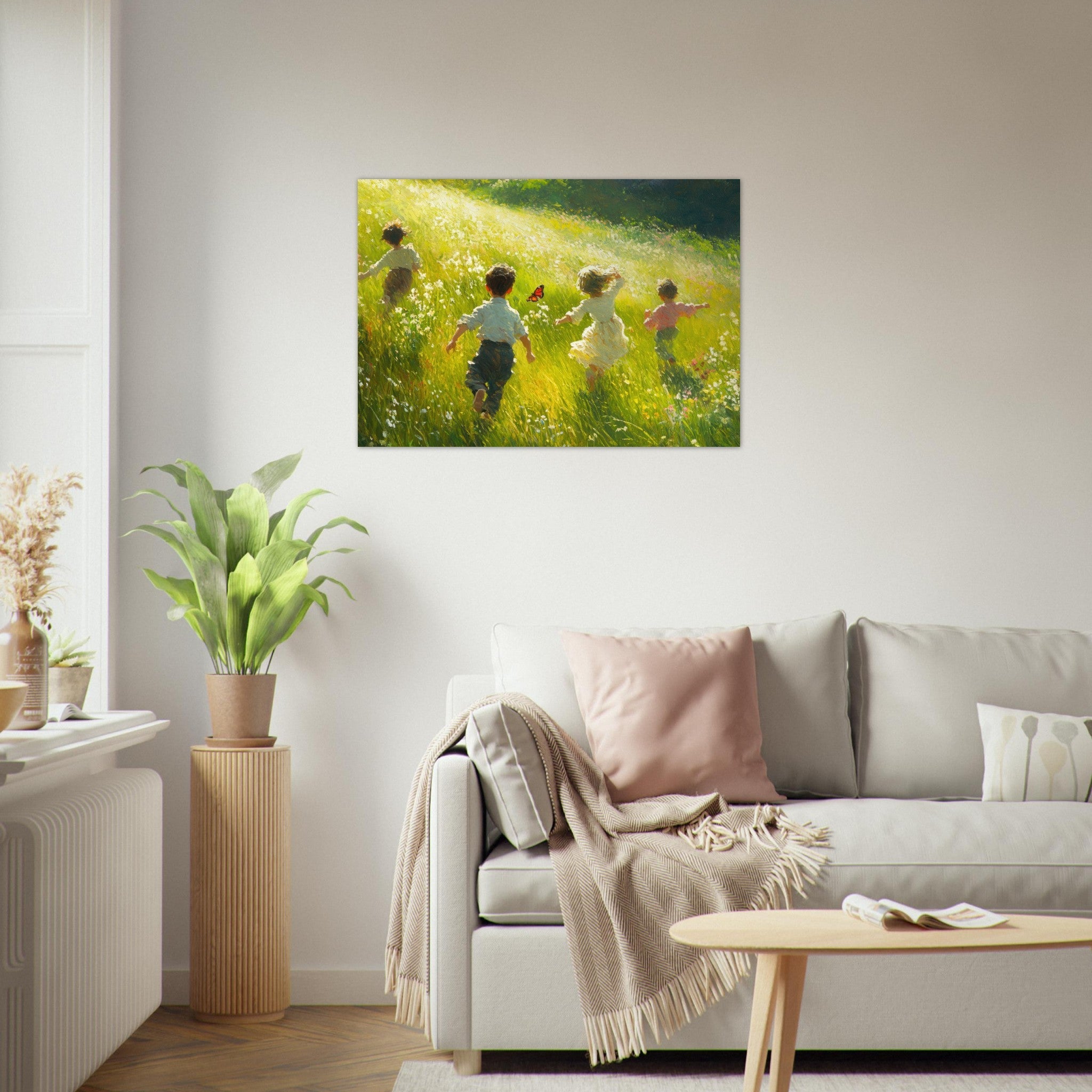 Aluminum Print Landscape - Children Playing in a Meadow A sunlit country 3 - Shop Ai Art WebShop - Digital Art online Store