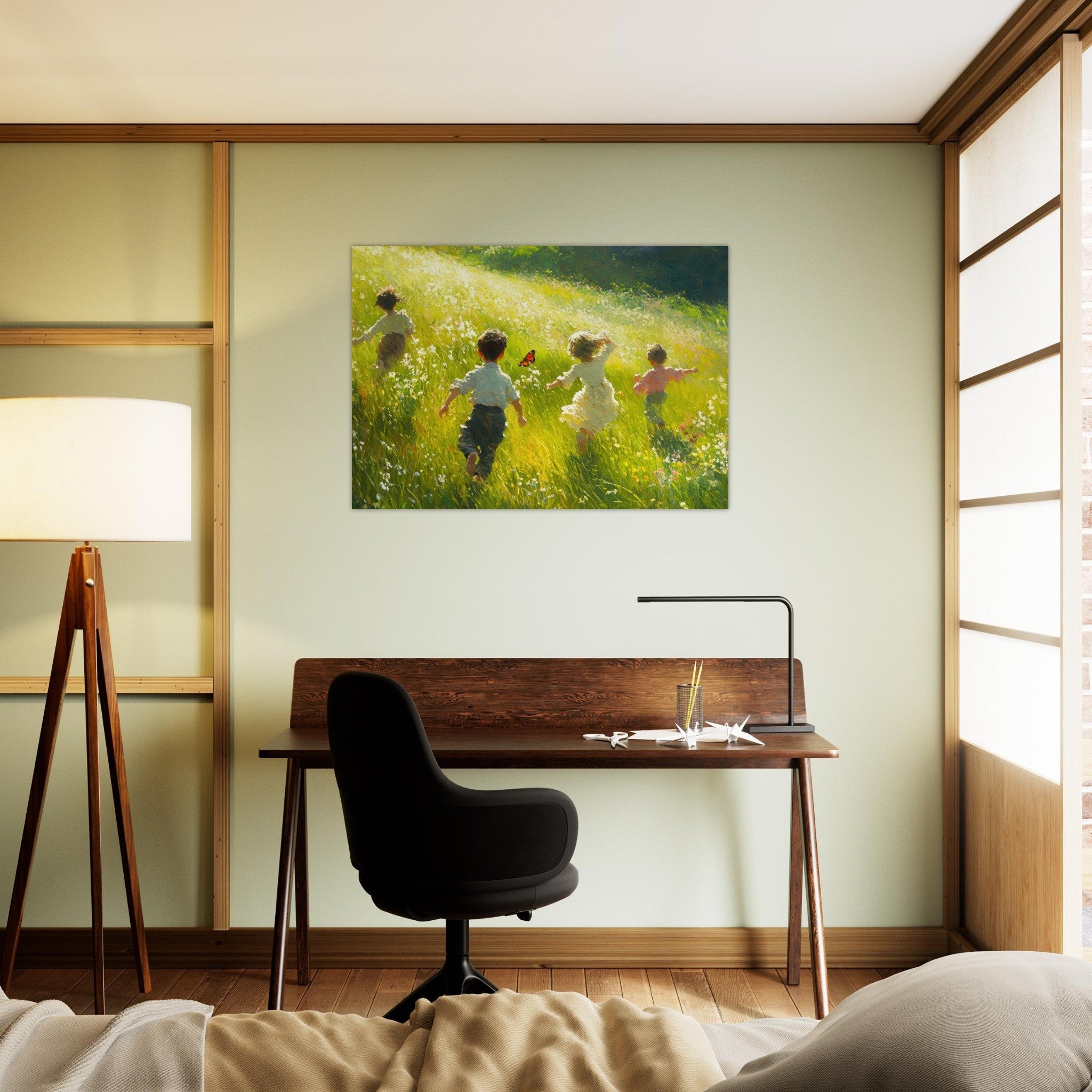 Aluminum Print Landscape - Children Playing in a Meadow A sunlit country 3 - Shop Ai Art WebShop - Digital Art online Store