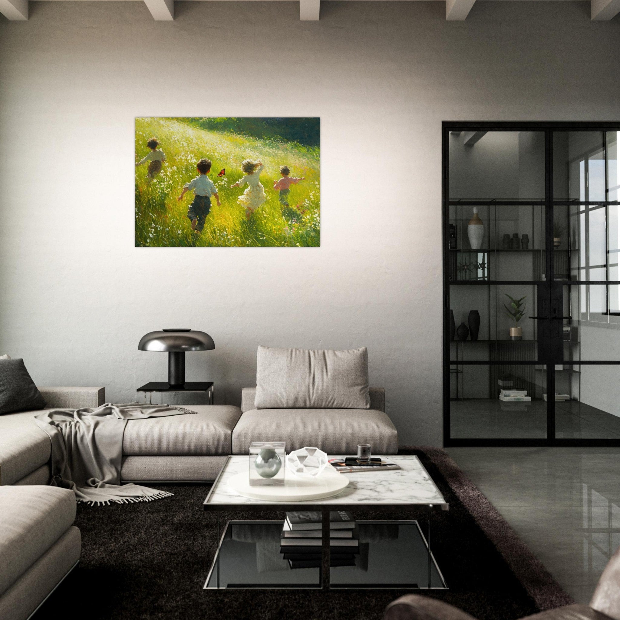 Aluminum Print Landscape - Children Playing in a Meadow A sunlit country 3 - Shop Ai Art WebShop - Digital Art online Store