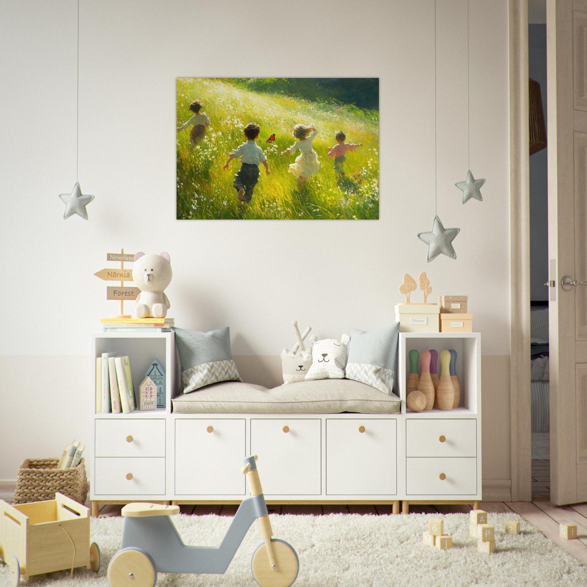 Aluminum Print Landscape - Children Playing in a Meadow A sunlit country 3 - Shop Ai Art WebShop - Digital Art online Store