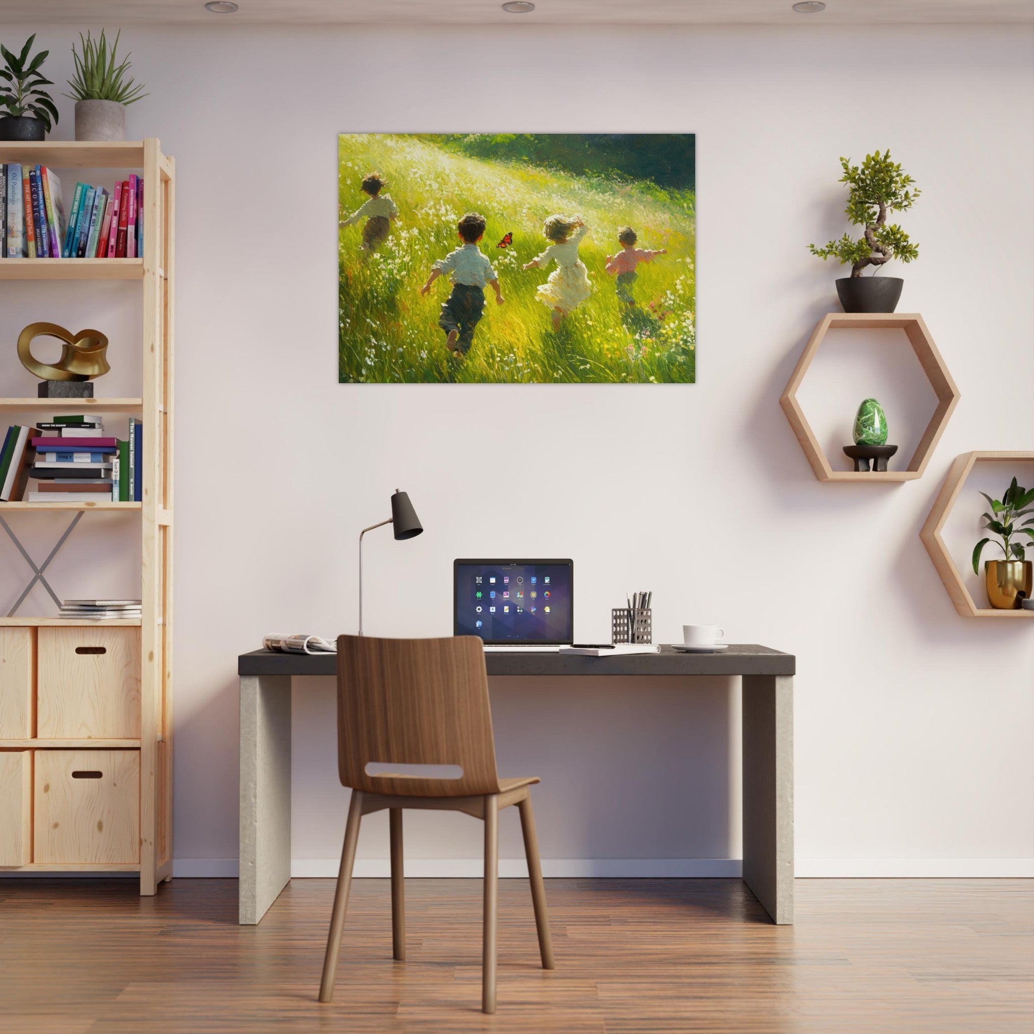 Aluminum Print Landscape - Children Playing in a Meadow A sunlit country 3 - Shop Ai Art WebShop - Digital Art online Store