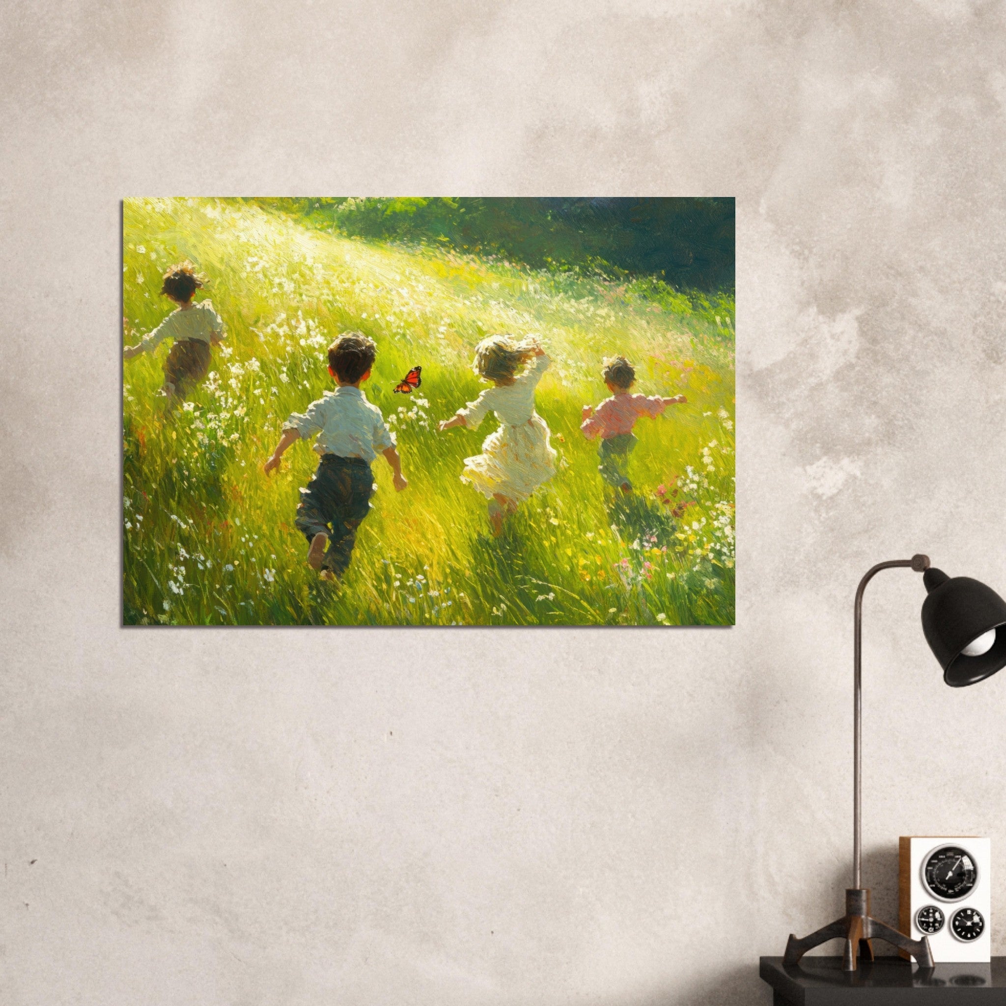 Aluminum Print Landscape - Children Playing in a Meadow A sunlit country 3 - Shop Ai Art WebShop - Digital Art online Store