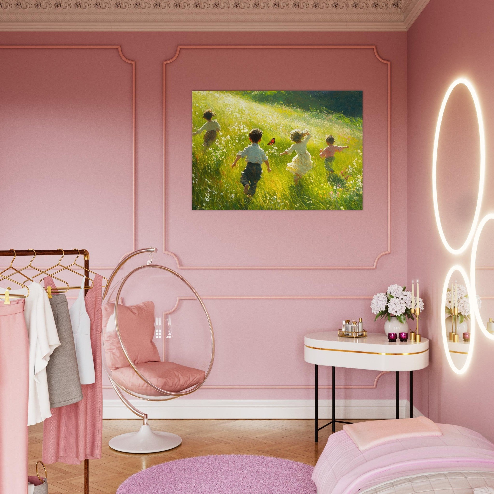 Aluminum Print Landscape - Children Playing in a Meadow A sunlit country 3 - Shop Ai Art WebShop - Digital Art online Store