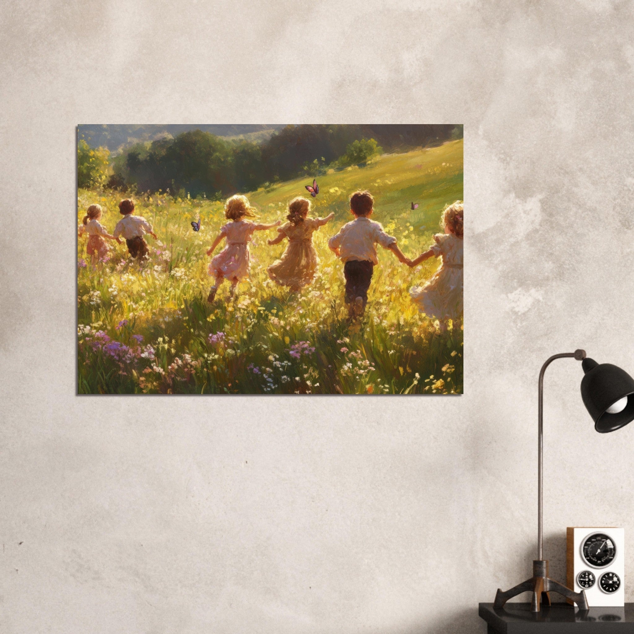 Aluminum Print Landscape - Children Playing in a Meadow A sunlit country - Shop Ai Art WebShop - Digital Art online Store