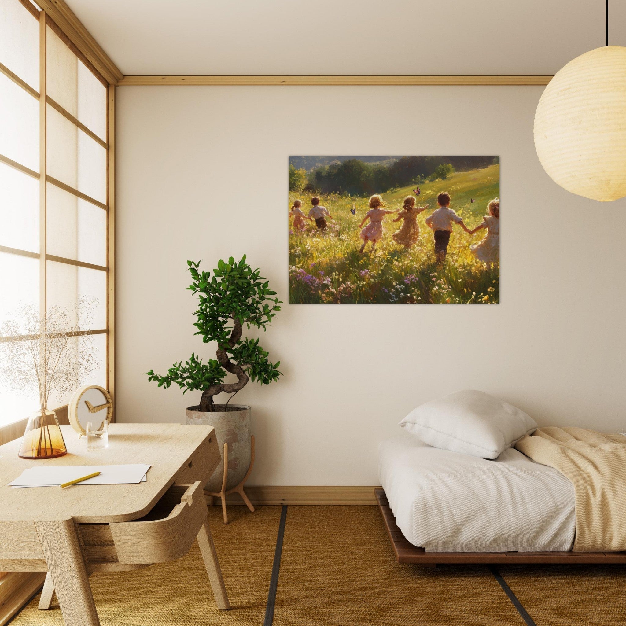 Aluminum Print Landscape - Children Playing in a Meadow A sunlit country - Shop Ai Art WebShop - Digital Art online Store