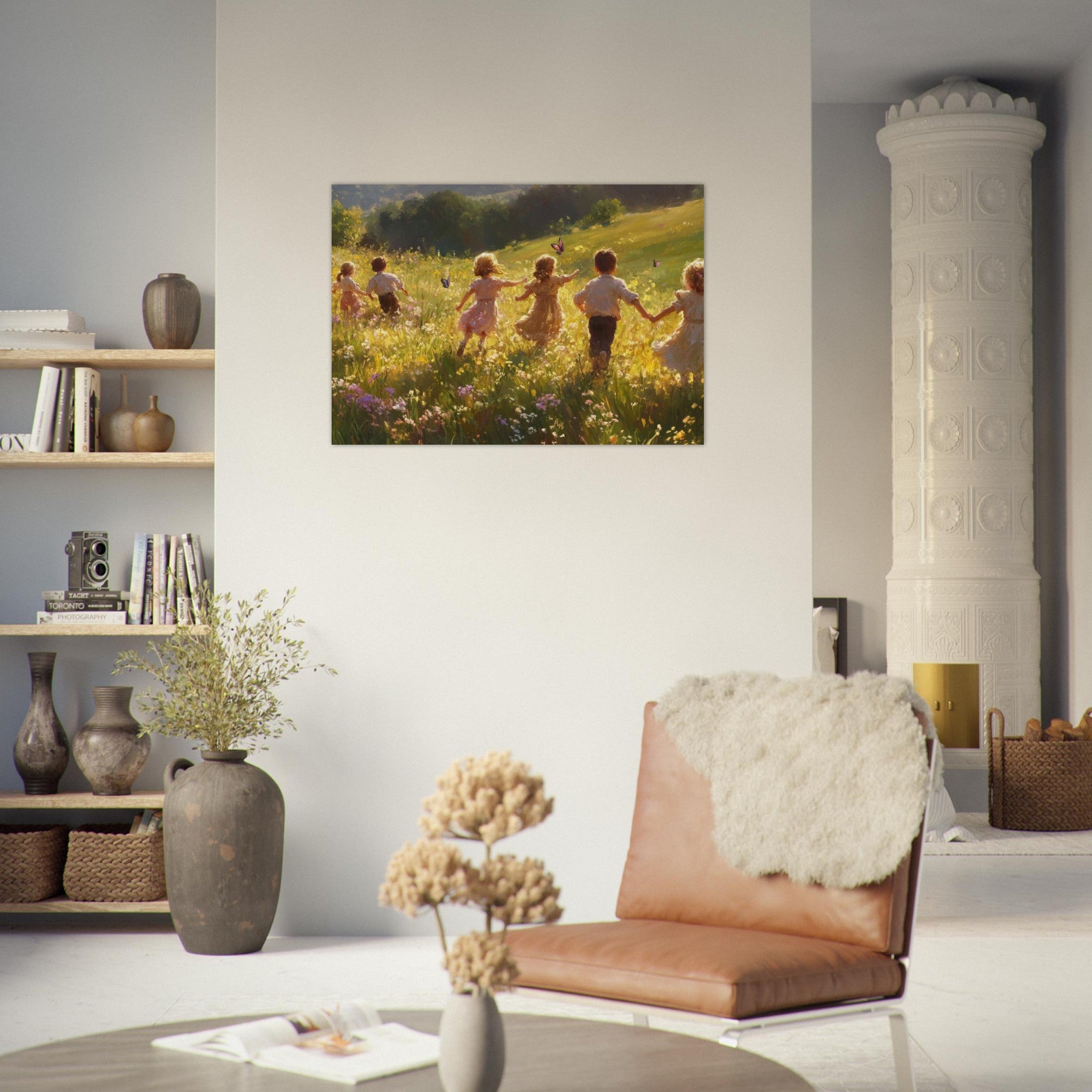Aluminum Print Landscape - Children Playing in a Meadow A sunlit country - Shop Ai Art WebShop - Digital Art online Store