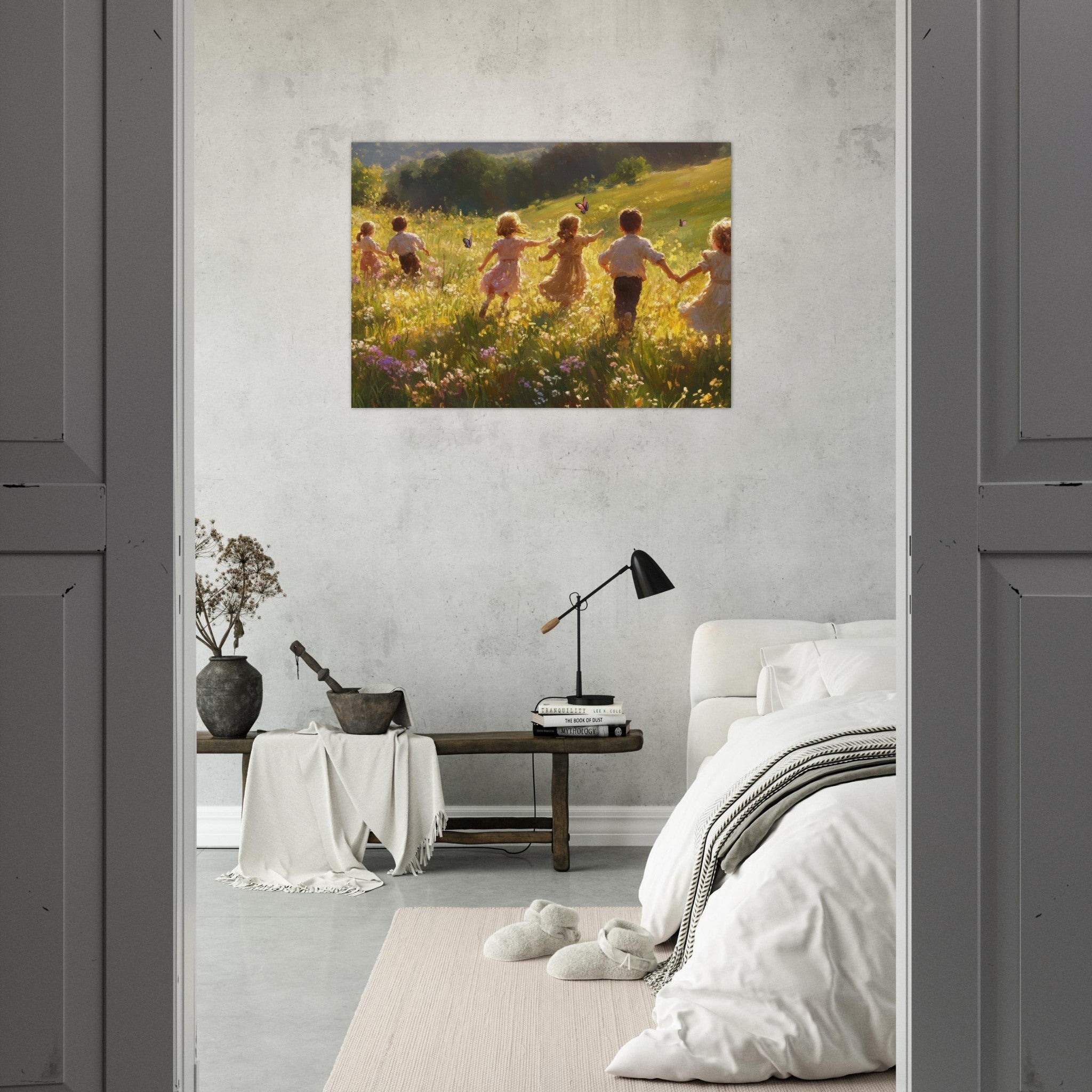 Aluminum Print Landscape - Children Playing in a Meadow A sunlit country - Shop Ai Art WebShop - Digital Art online Store
