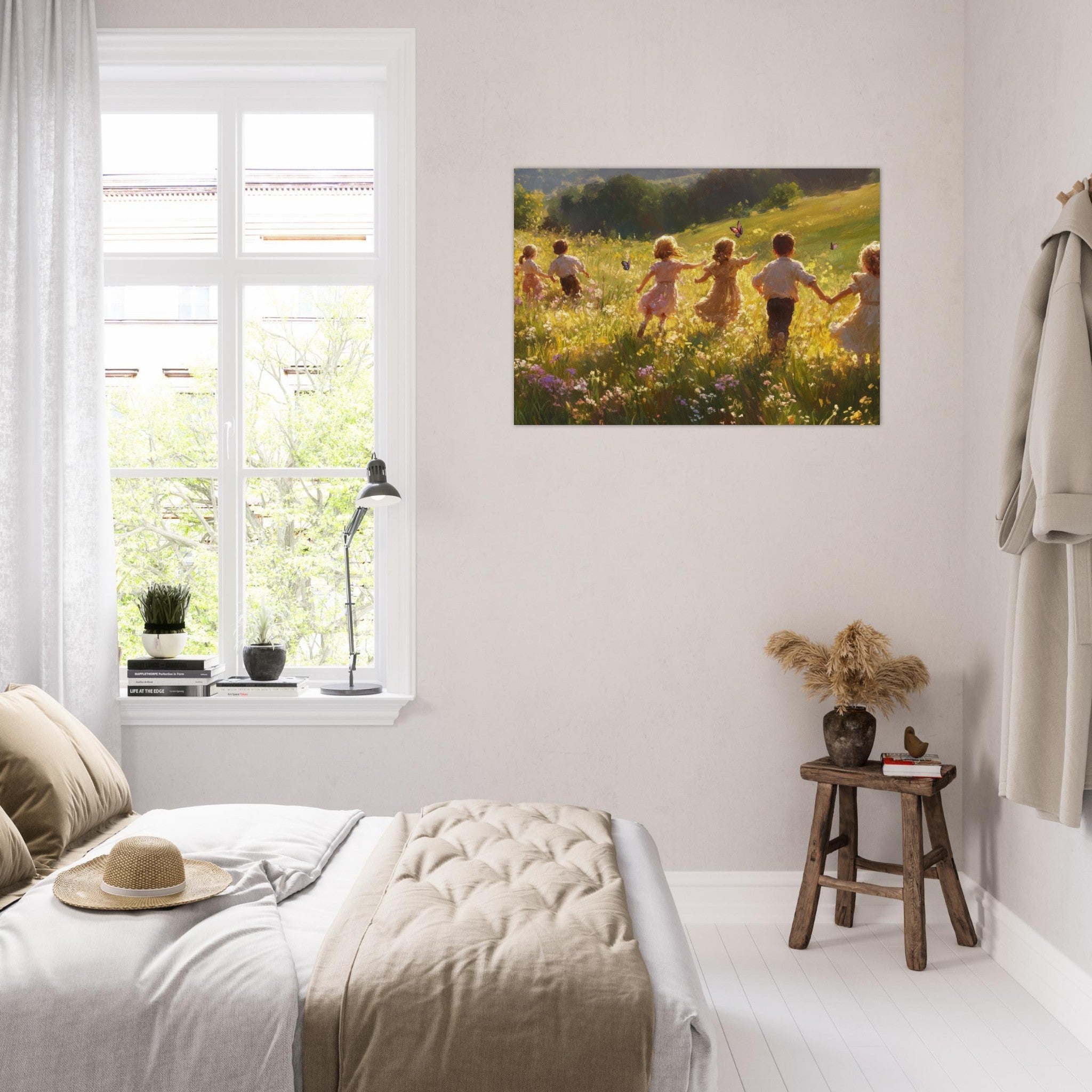 Aluminum Print Landscape - Children Playing in a Meadow A sunlit country - Shop Ai Art WebShop - Digital Art online Store