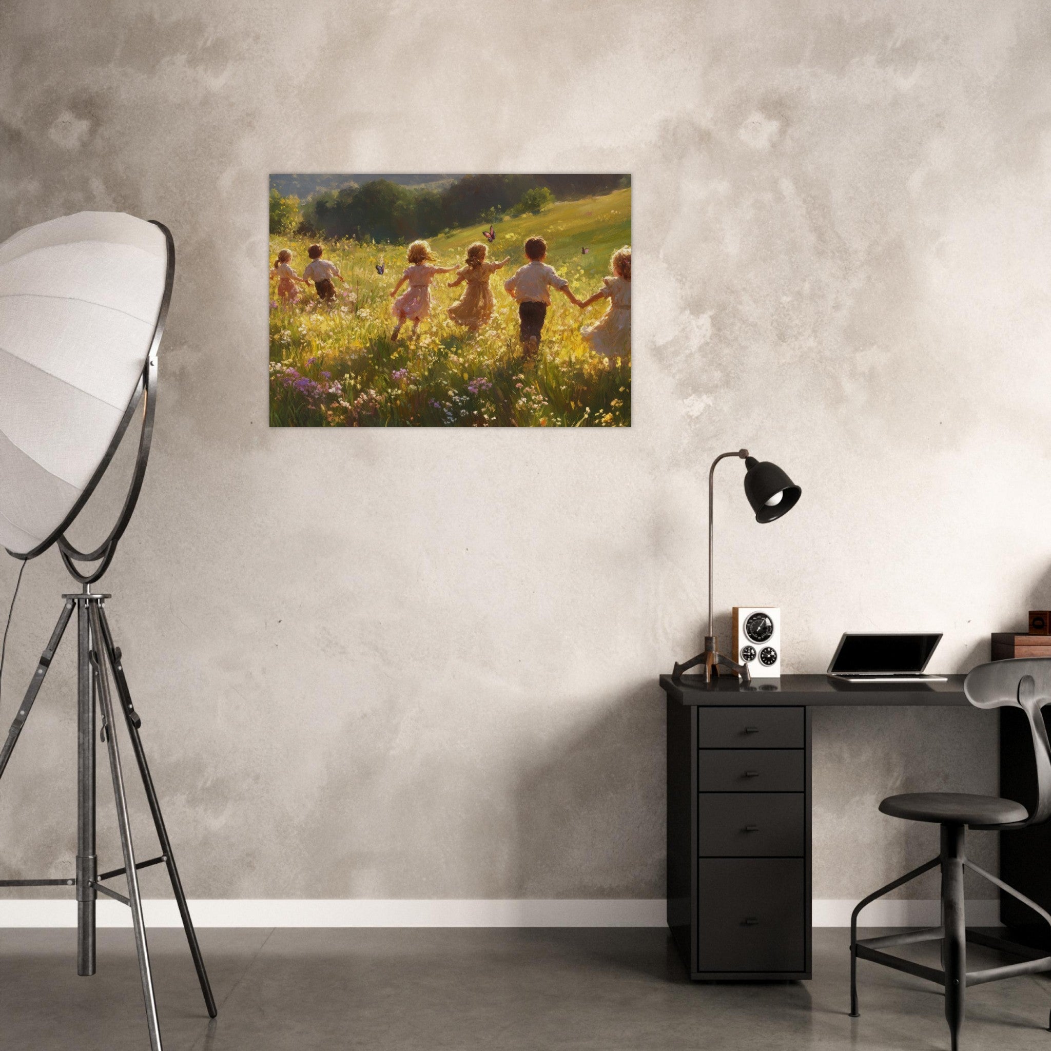 Aluminum Print Landscape - Children Playing in a Meadow A sunlit country - Shop Ai Art WebShop - Digital Art online Store