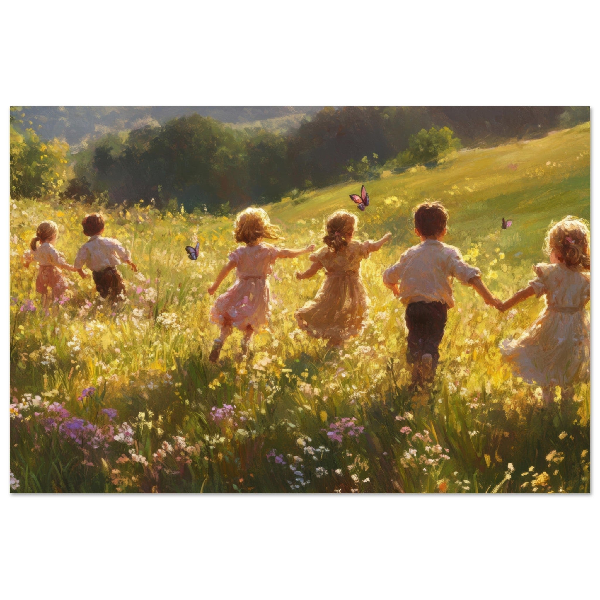 Aluminum Print Landscape - Children Playing in a Meadow A sunlit country - Shop Ai Art WebShop - Digital Art online Store