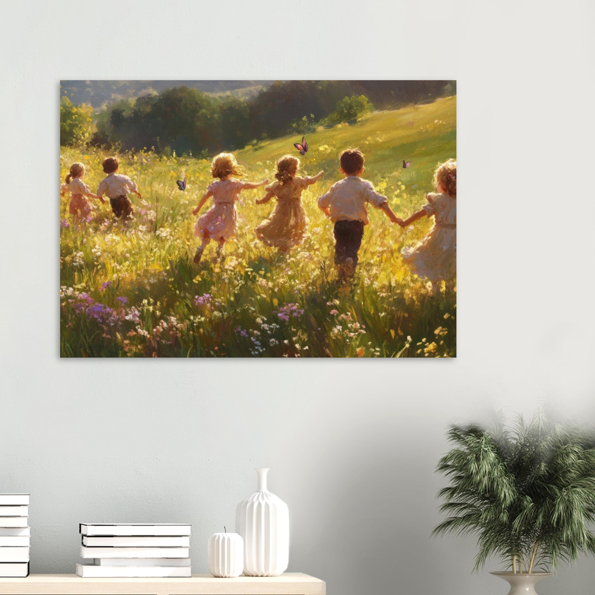 Aluminum Print Landscape - Children Playing in a Meadow A sunlit country - Shop Ai Art WebShop - Digital Art online Store