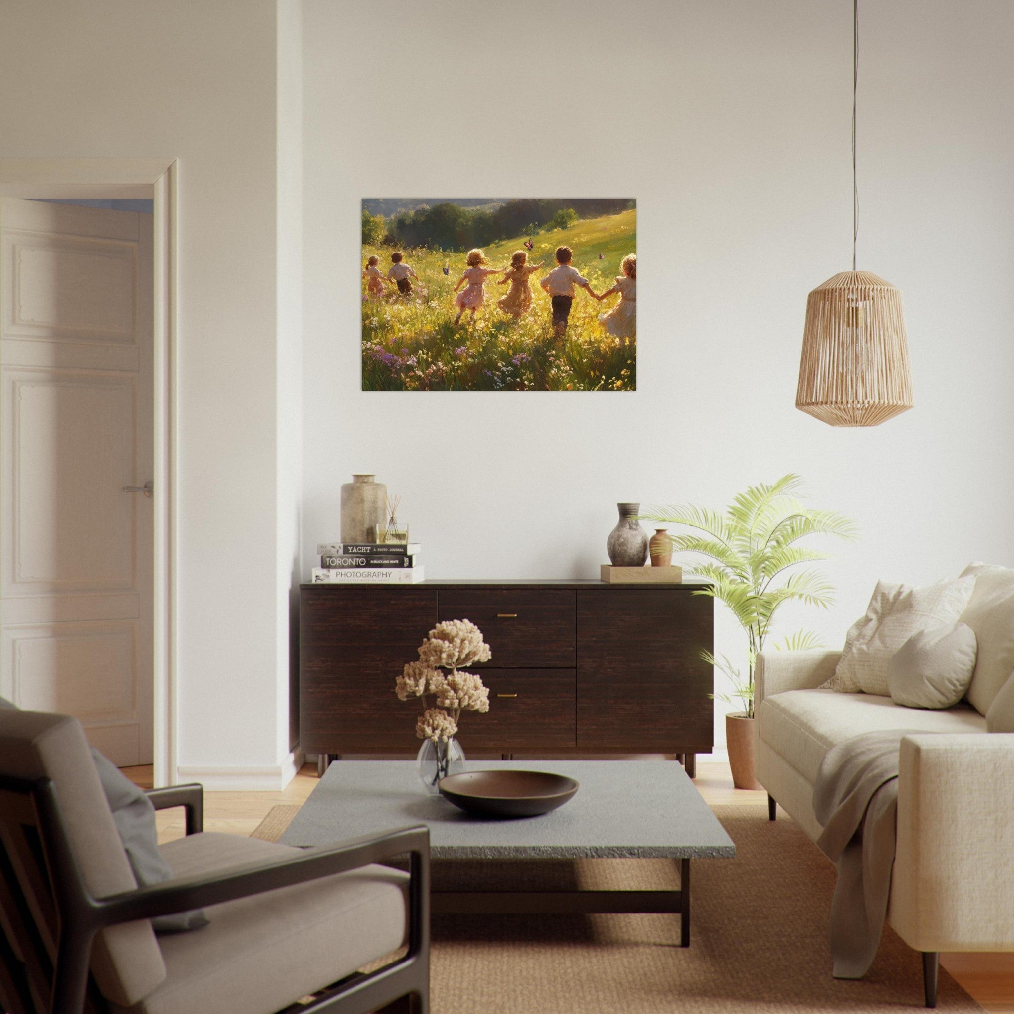 Aluminum Print Landscape - Children Playing in a Meadow A sunlit country - Shop Ai Art WebShop - Digital Art online Store