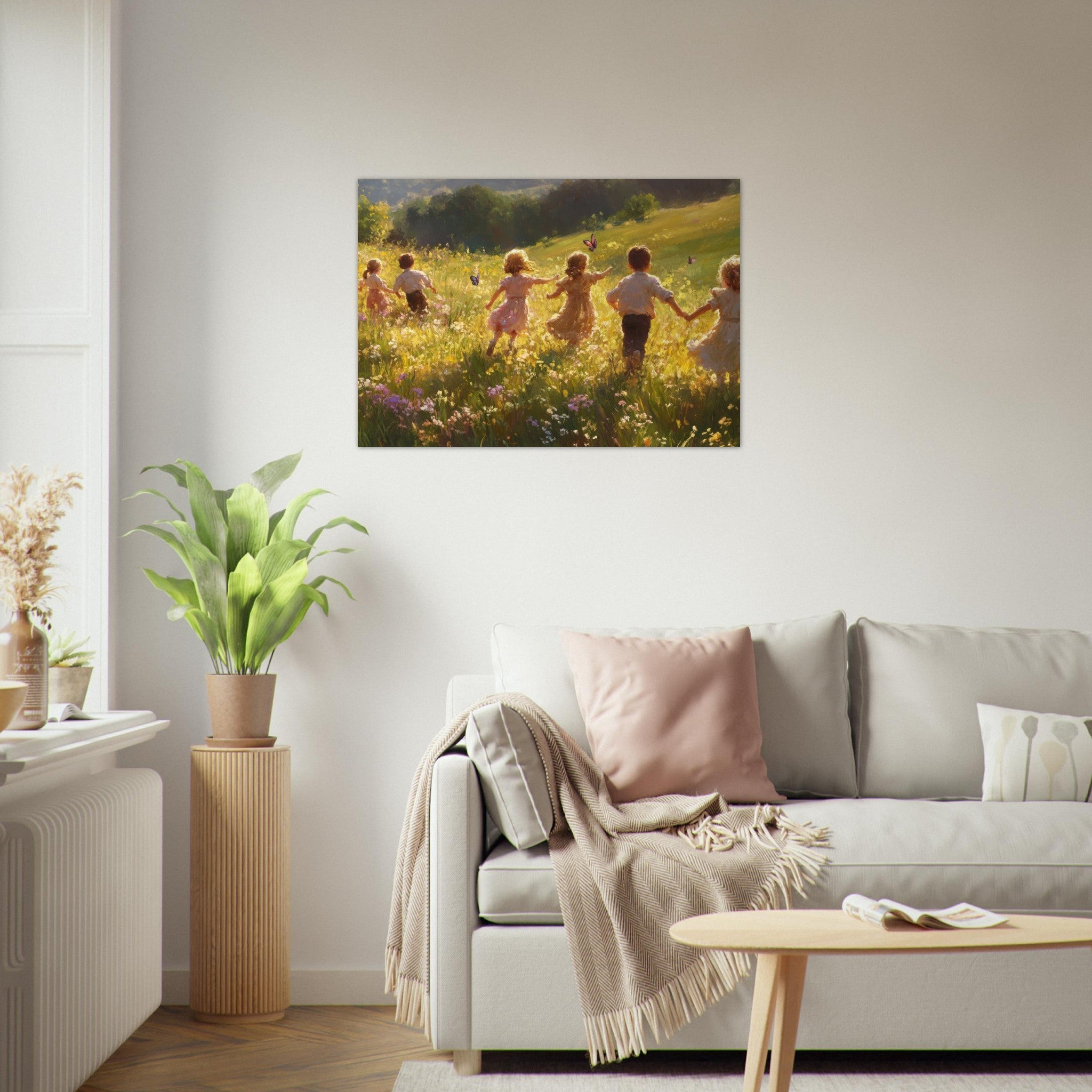 Aluminum Print Landscape - Children Playing in a Meadow A sunlit country - Shop Ai Art WebShop - Digital Art online Store