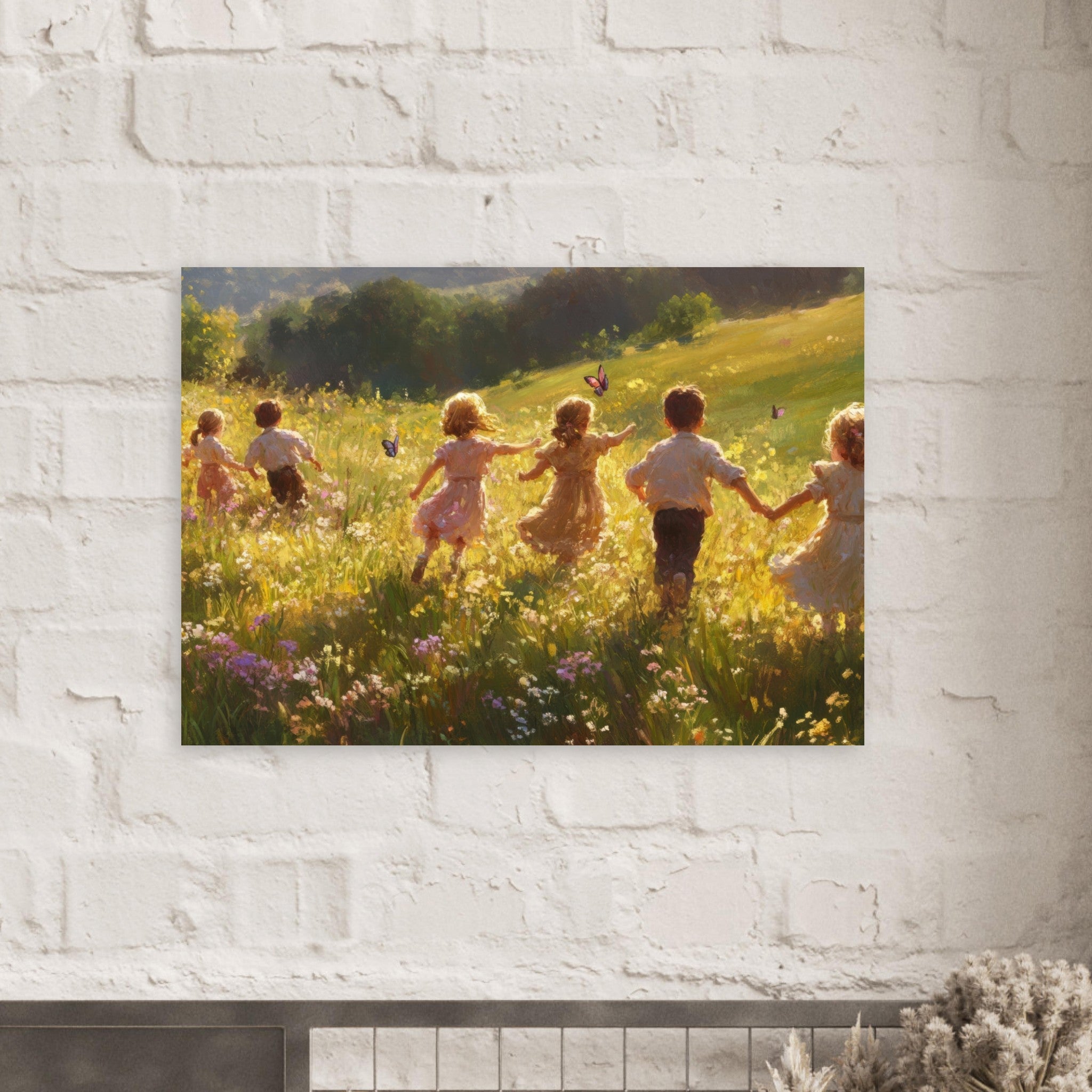 Aluminum Print Landscape - Children Playing in a Meadow A sunlit country - Shop Ai Art WebShop - Digital Art online Store