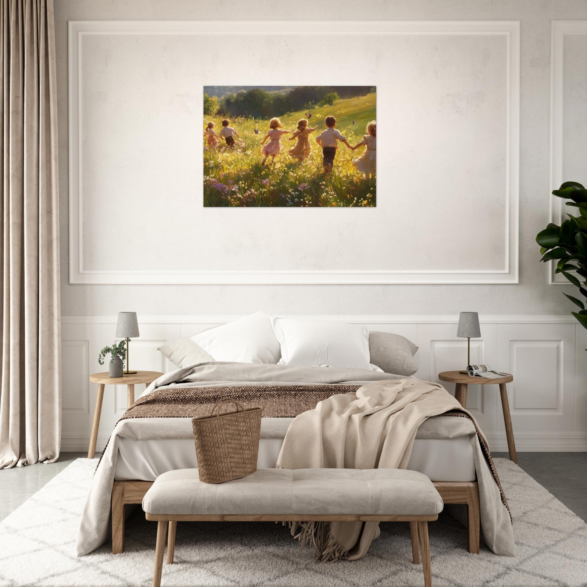 Aluminum Print Landscape - Children Playing in a Meadow A sunlit country - Shop Ai Art WebShop - Digital Art online Store