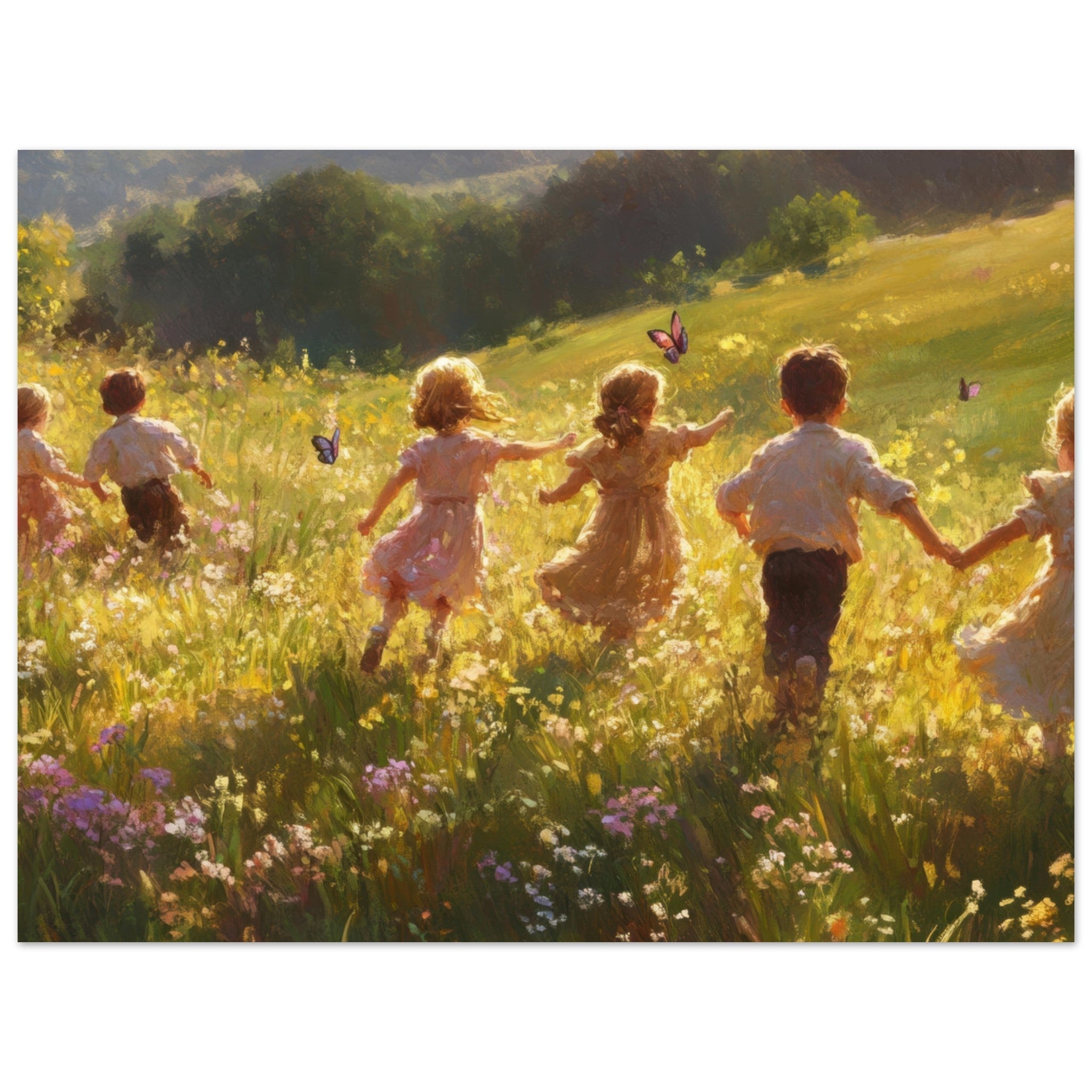 Aluminum Print Landscape - Children Playing in a Meadow A sunlit country - Shop Ai Art WebShop - Digital Art online Store