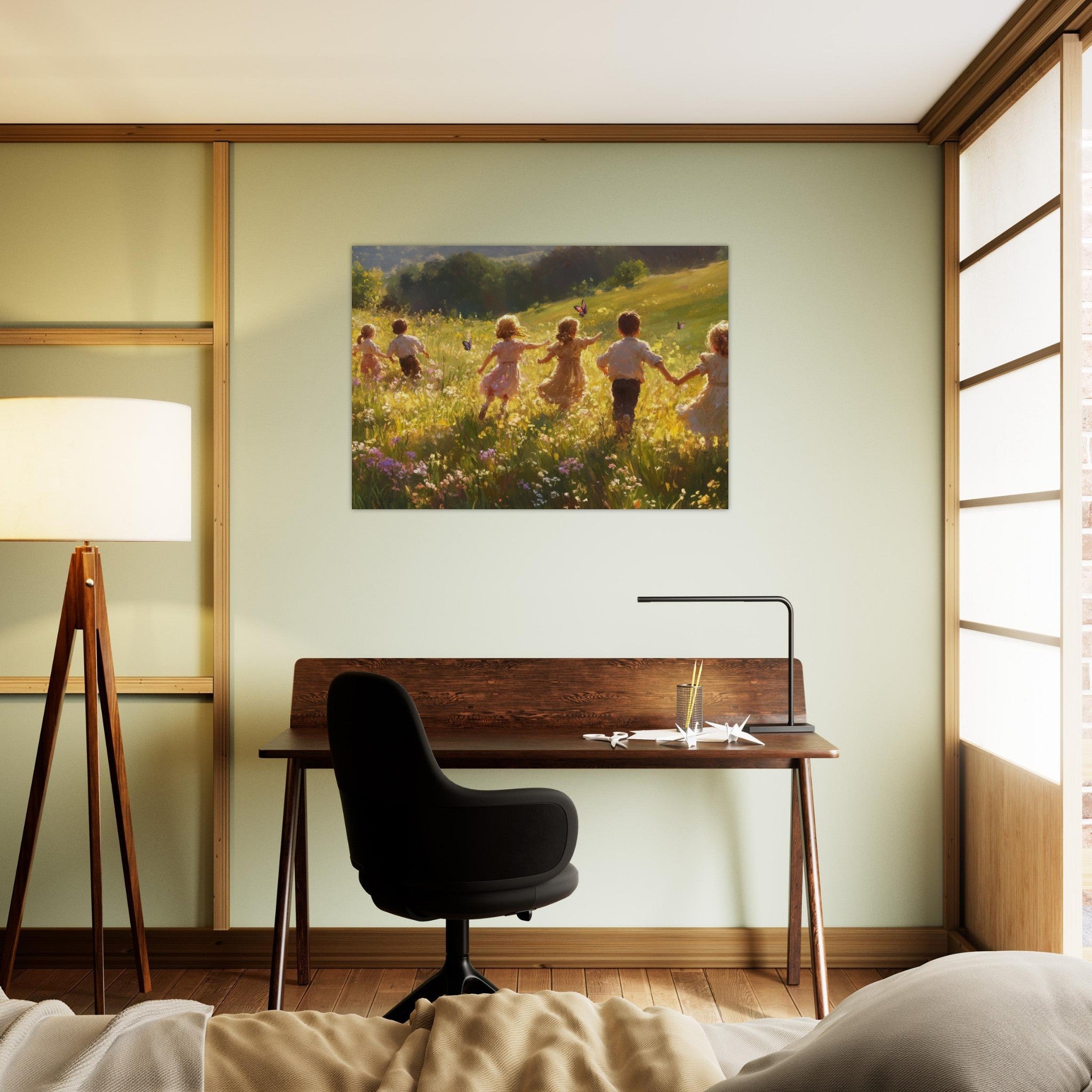 Aluminum Print Landscape - Children Playing in a Meadow A sunlit country - Shop Ai Art WebShop - Digital Art online Store
