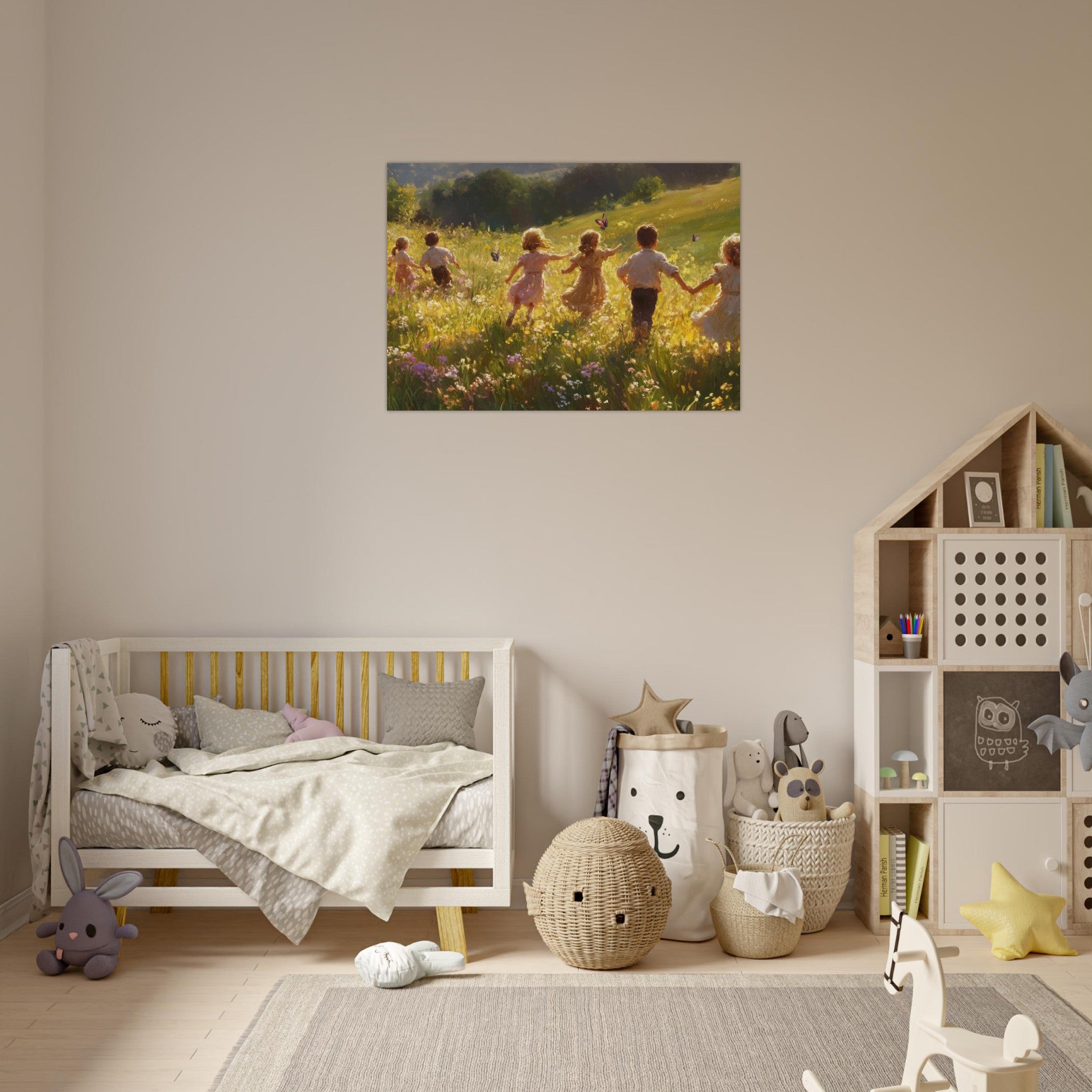 Aluminum Print Landscape - Children Playing in a Meadow A sunlit country - Shop Ai Art WebShop - Digital Art online Store