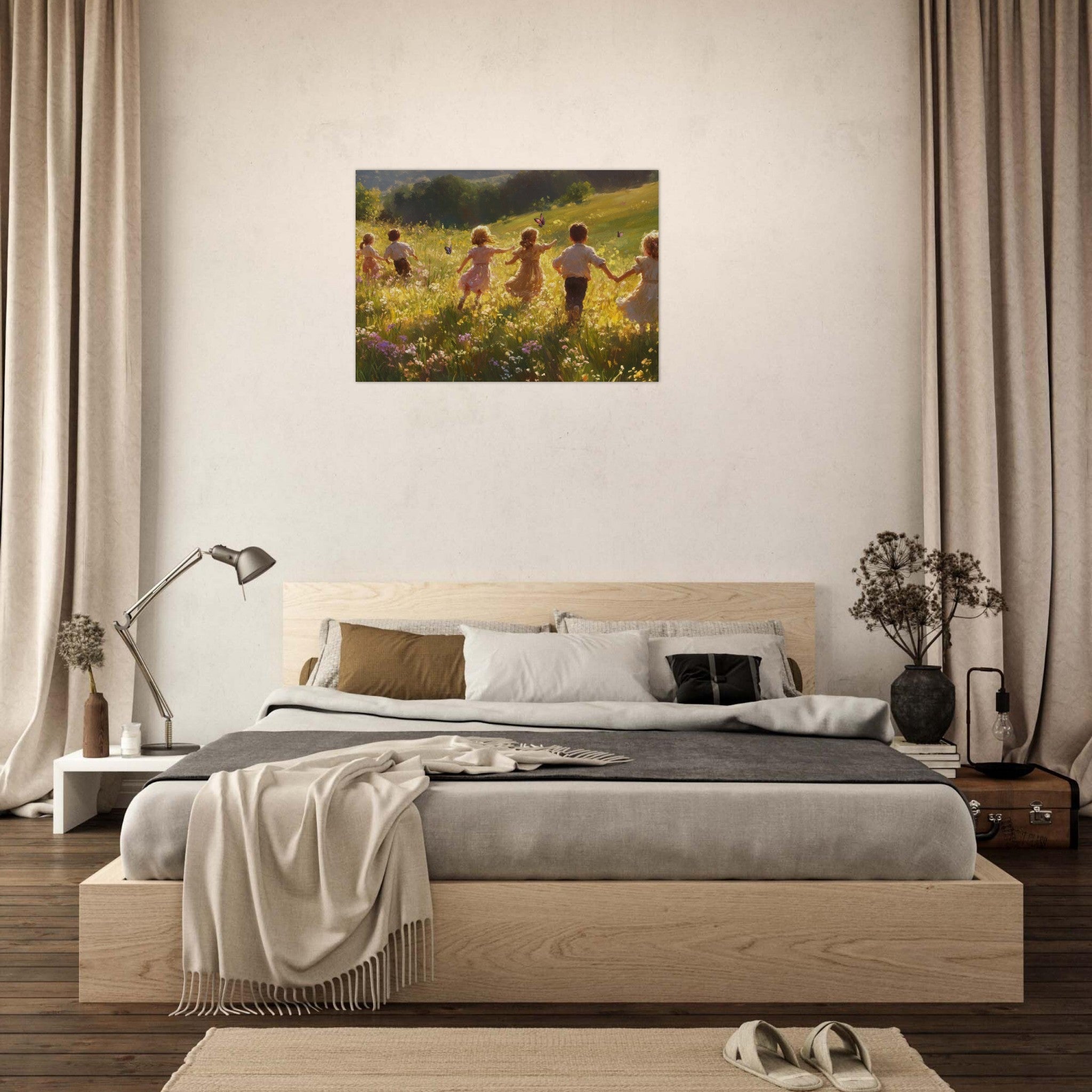 Aluminum Print Landscape - Children Playing in a Meadow A sunlit country - Shop Ai Art WebShop - Digital Art online Store