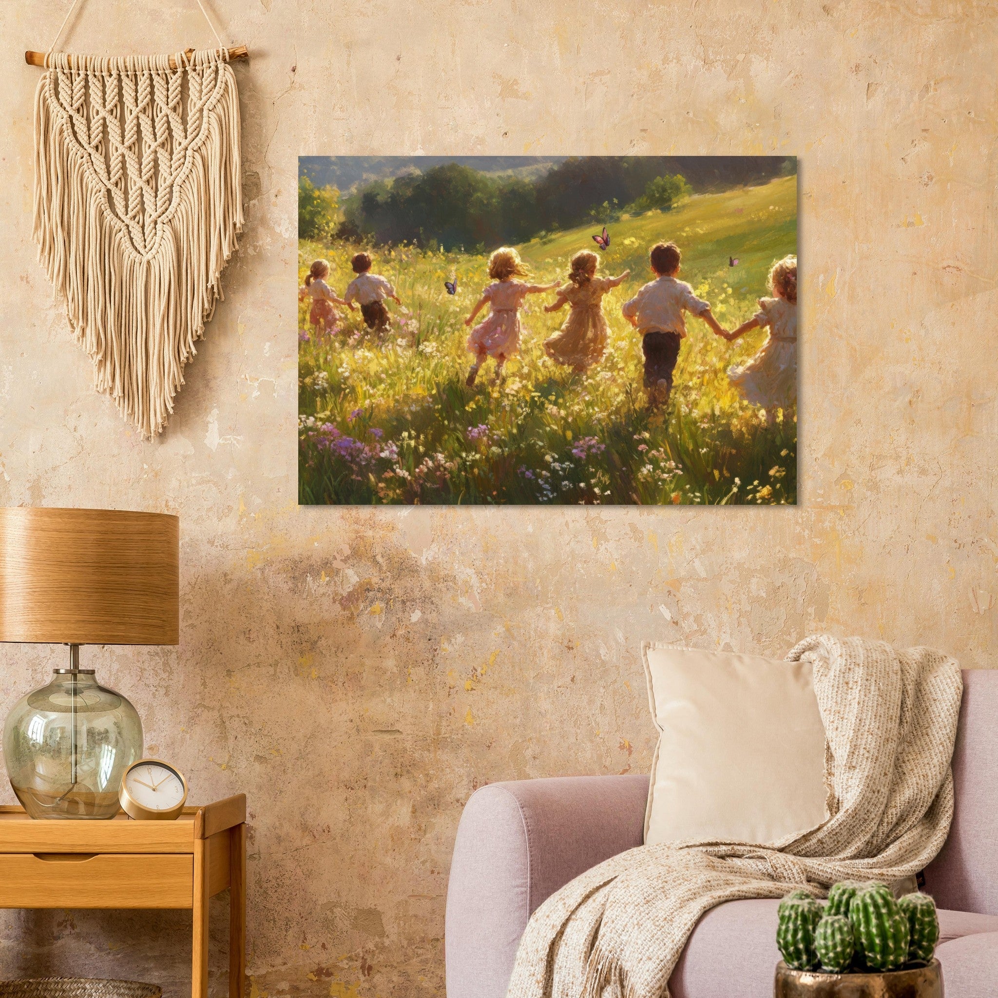 Aluminum Print Landscape - Children Playing in a Meadow A sunlit country - Shop Ai Art WebShop - Digital Art online Store