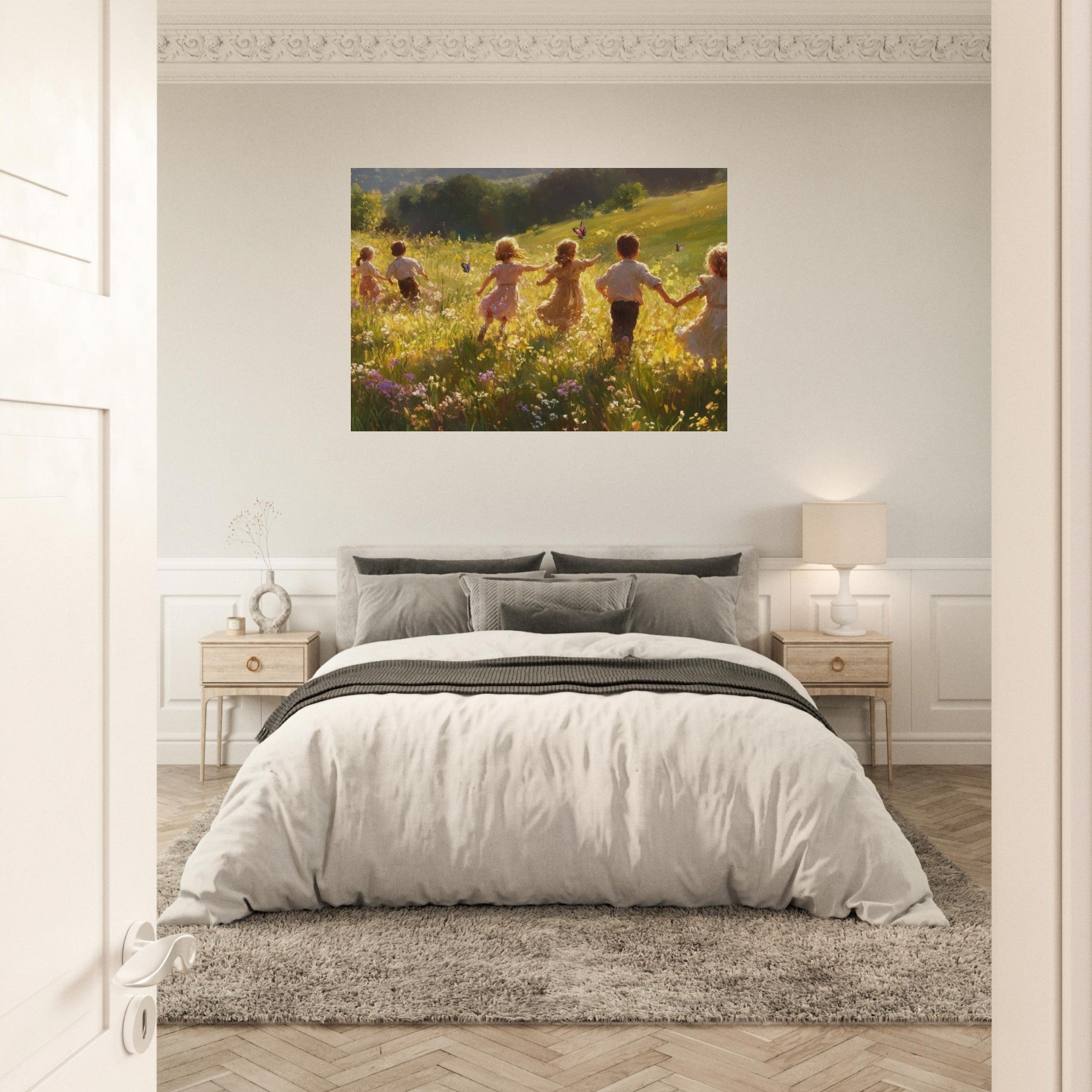 Aluminum Print Landscape - Children Playing in a Meadow A sunlit country - Shop Ai Art WebShop - Digital Art online Store