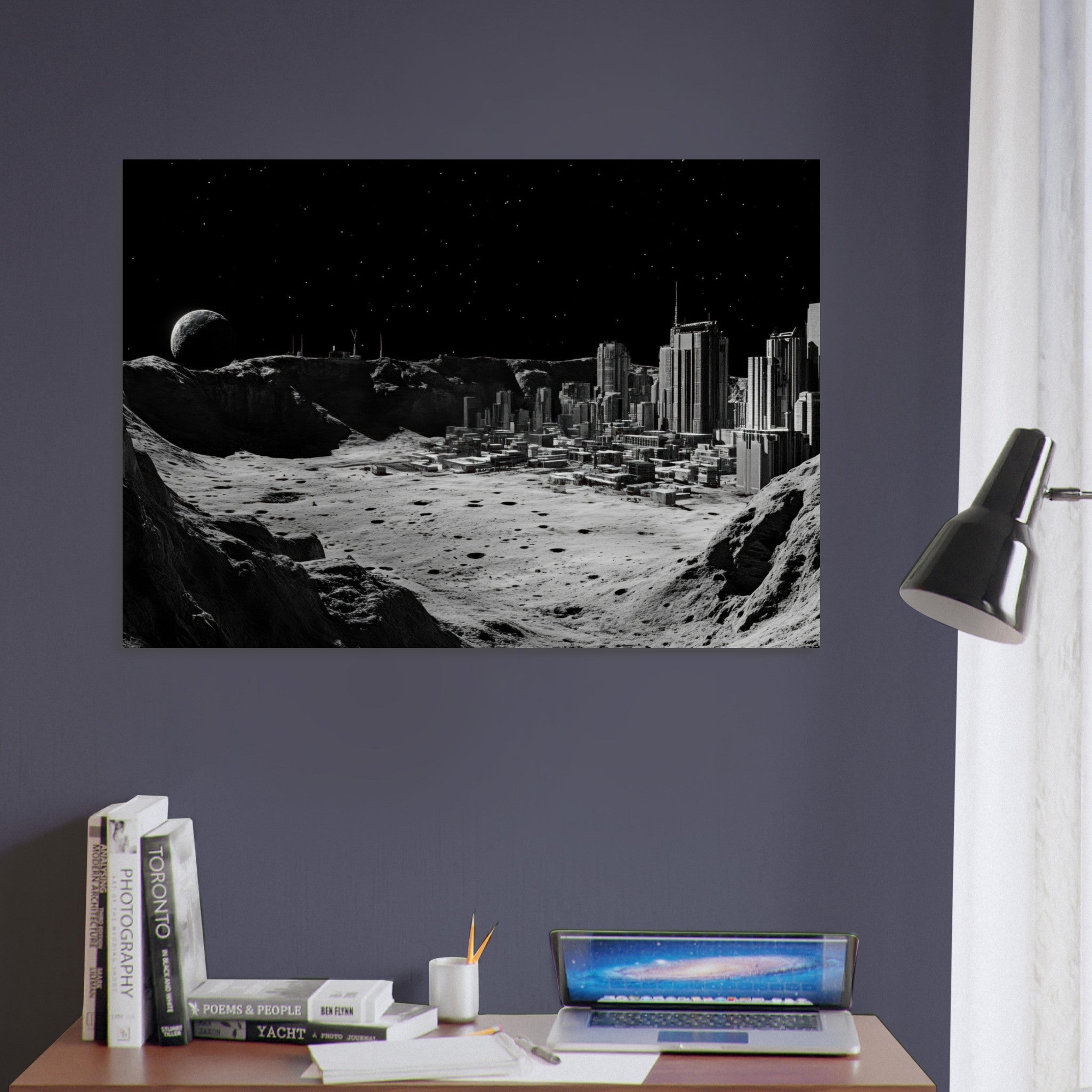 Aluminum Print Landscape - Crater City on a Dead Moon A sprawling city built - Shop Ai Art WebShop - Digital Art online Store
