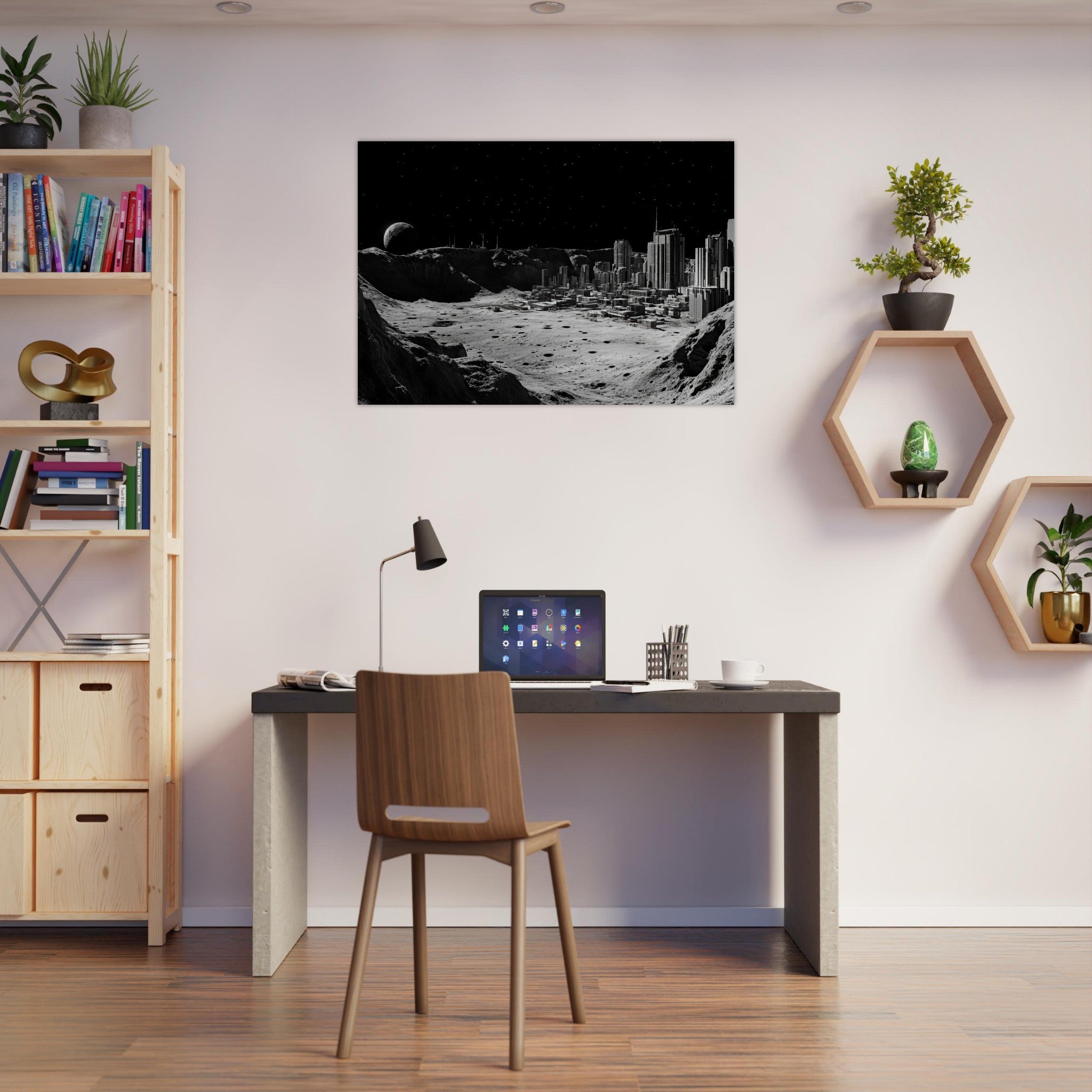 Aluminum Print Landscape - Crater City on a Dead Moon A sprawling city built - Shop Ai Art WebShop - Digital Art online Store