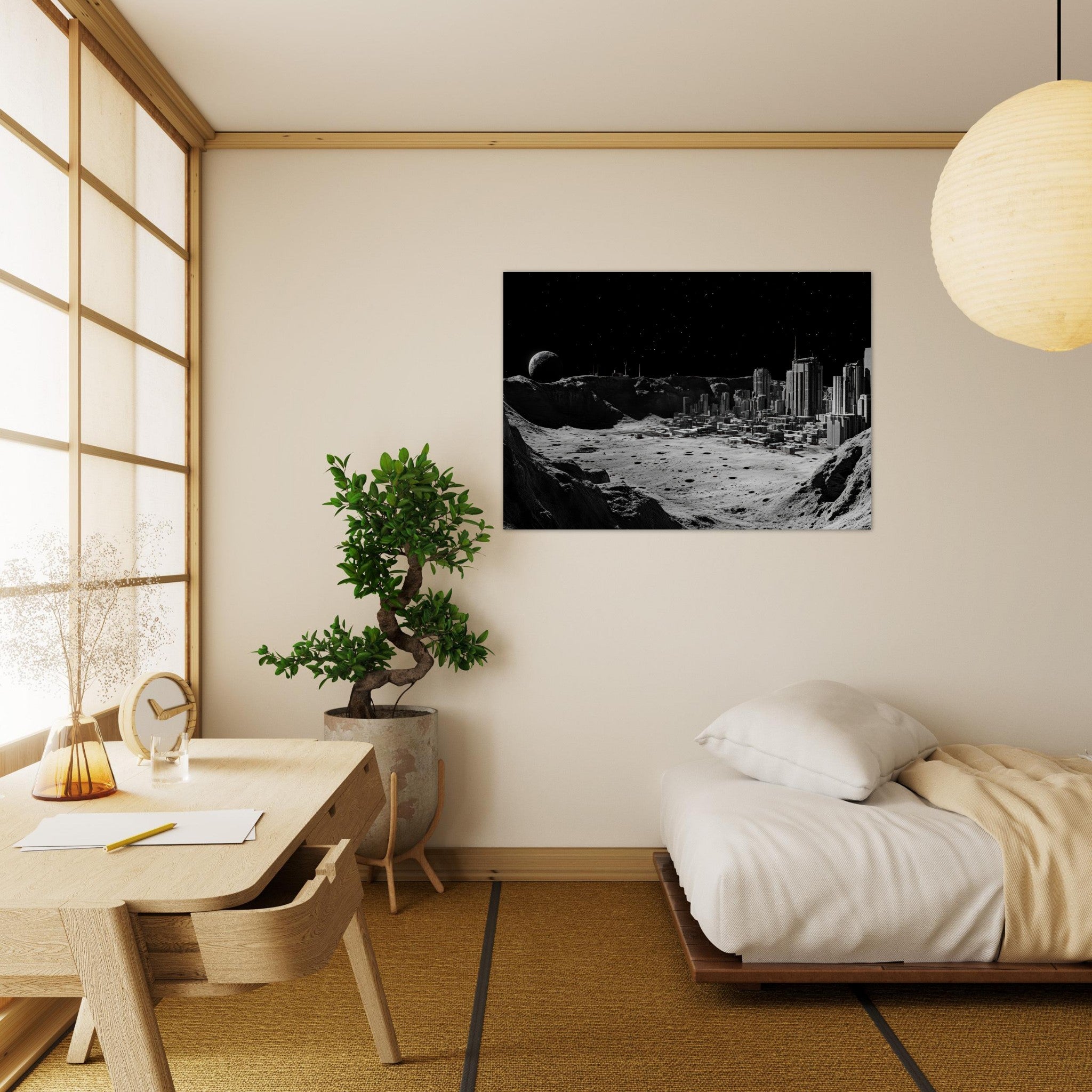 Aluminum Print Landscape - Crater City on a Dead Moon A sprawling city built - Shop Ai Art WebShop - Digital Art online Store