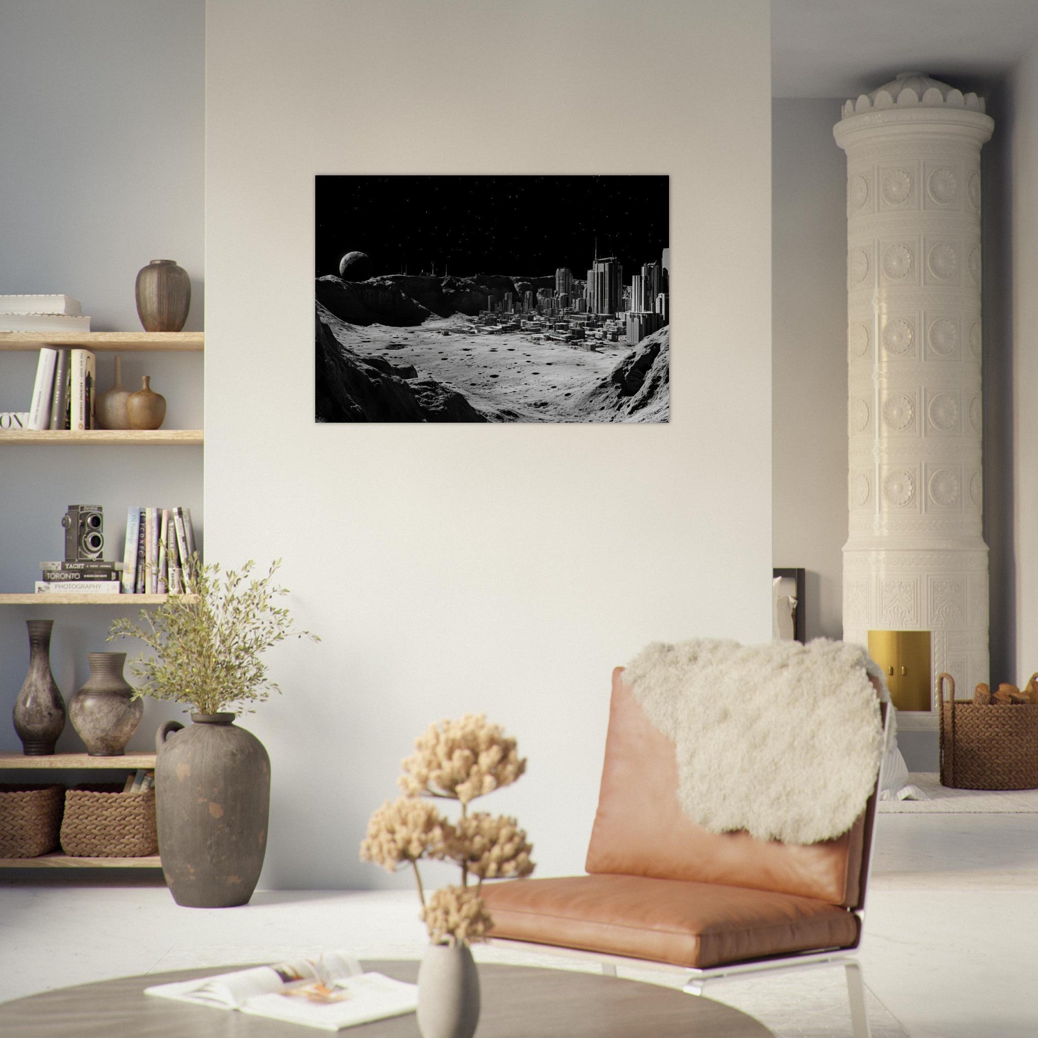 Aluminum Print Landscape - Crater City on a Dead Moon A sprawling city built - Shop Ai Art WebShop - Digital Art online Store