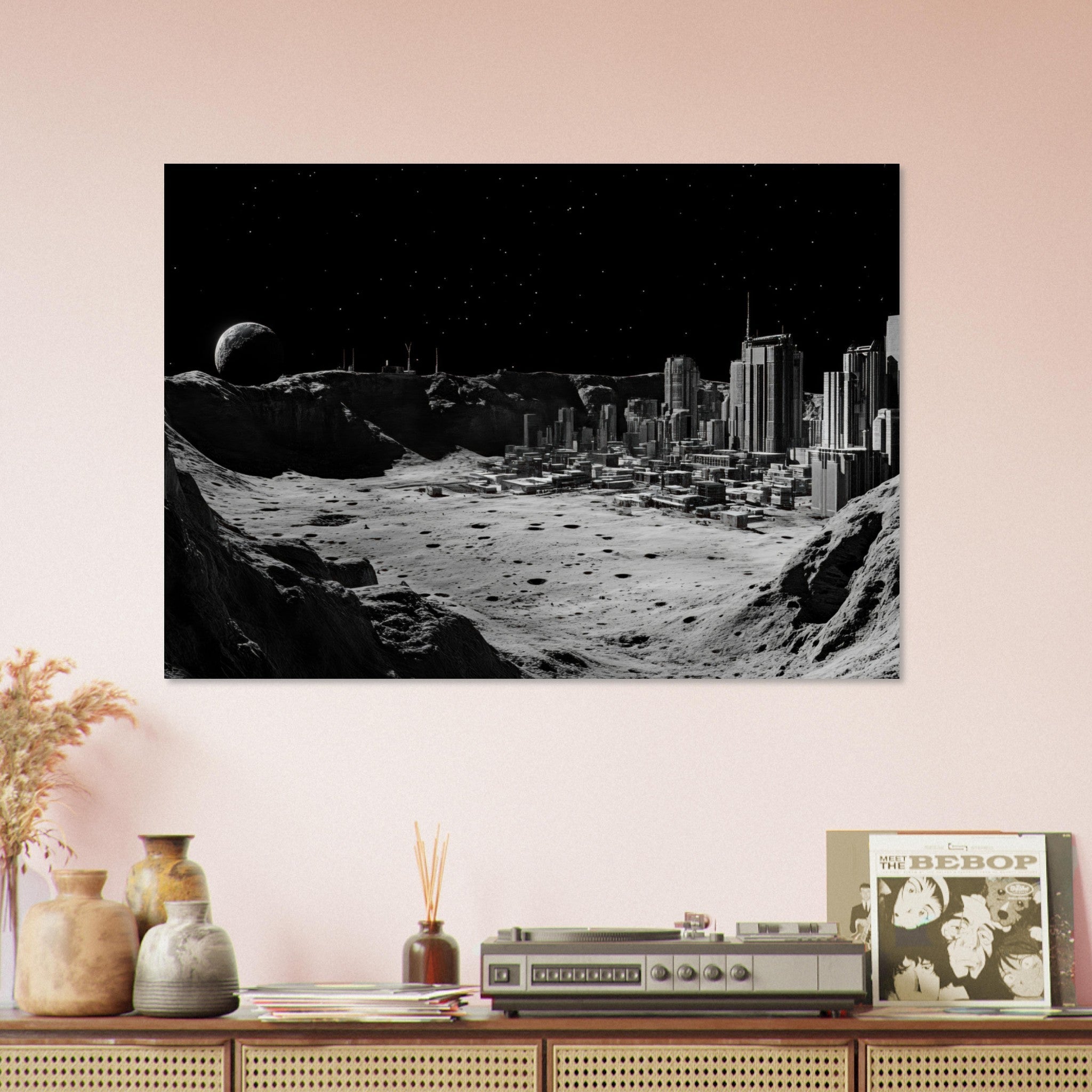 Aluminum Print Landscape - Crater City on a Dead Moon A sprawling city built - Shop Ai Art WebShop - Digital Art online Store