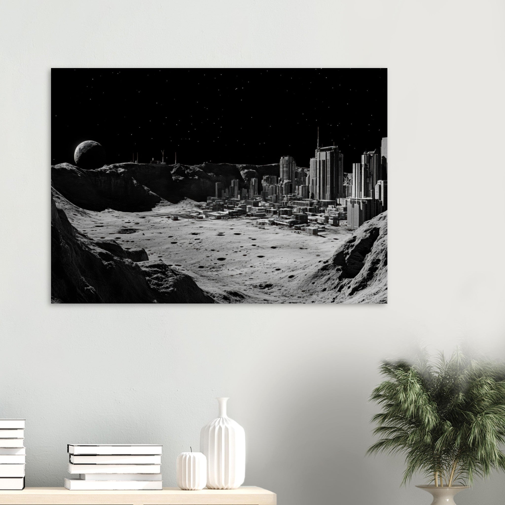 Aluminum Print Landscape - Crater City on a Dead Moon A sprawling city built - Shop Ai Art WebShop - Digital Art online Store