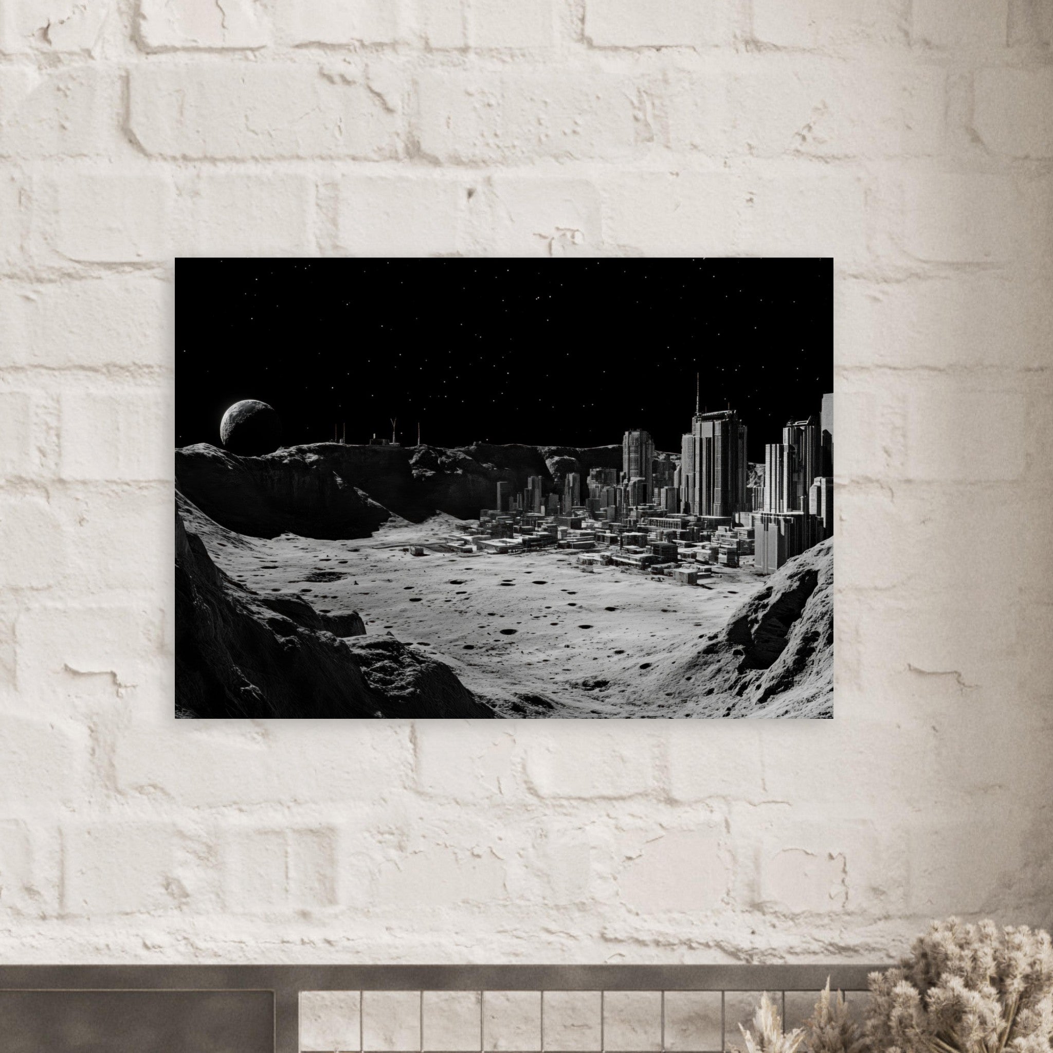 Aluminum Print Landscape - Crater City on a Dead Moon A sprawling city built - Shop Ai Art WebShop - Digital Art online Store