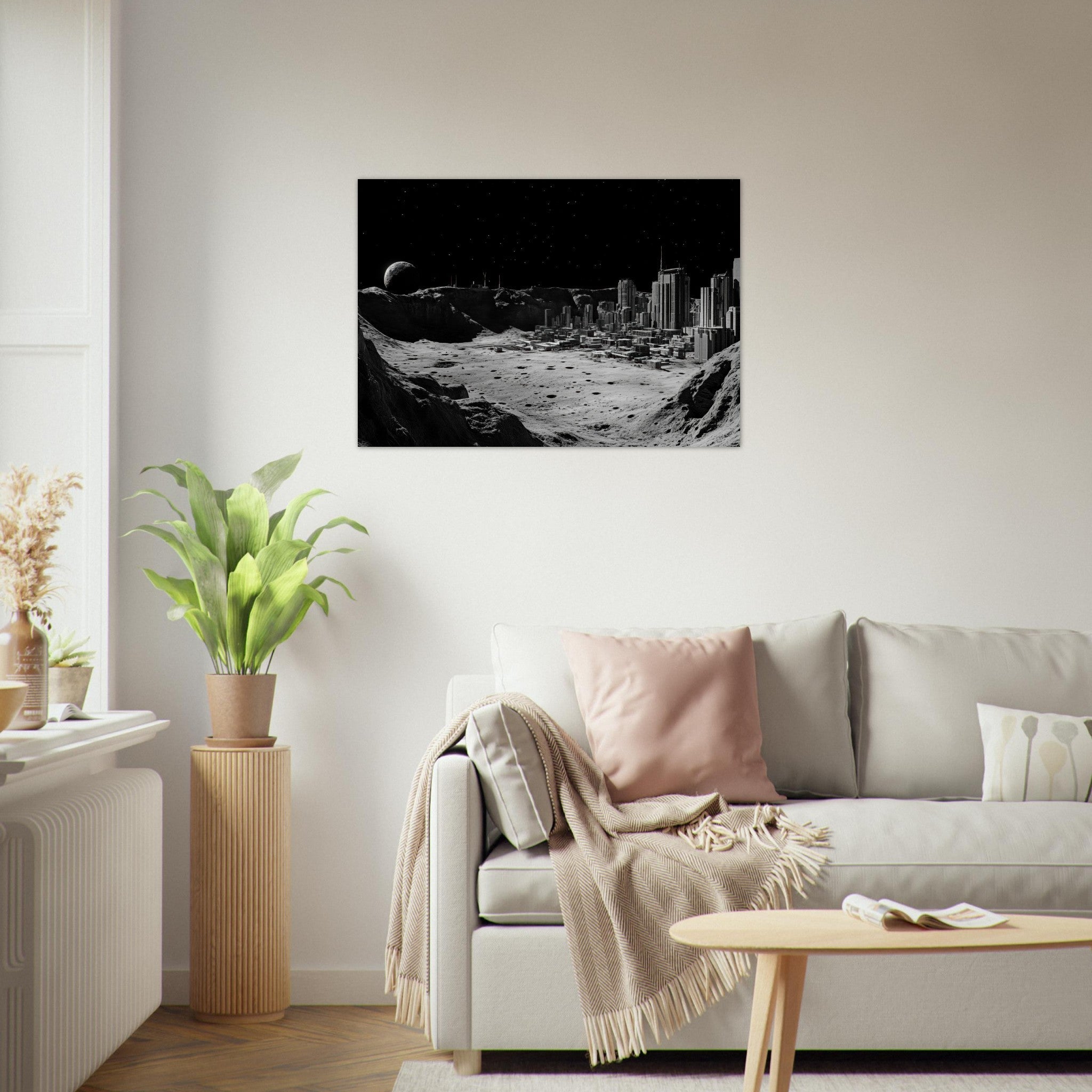 Aluminum Print Landscape - Crater City on a Dead Moon A sprawling city built - Shop Ai Art WebShop - Digital Art online Store