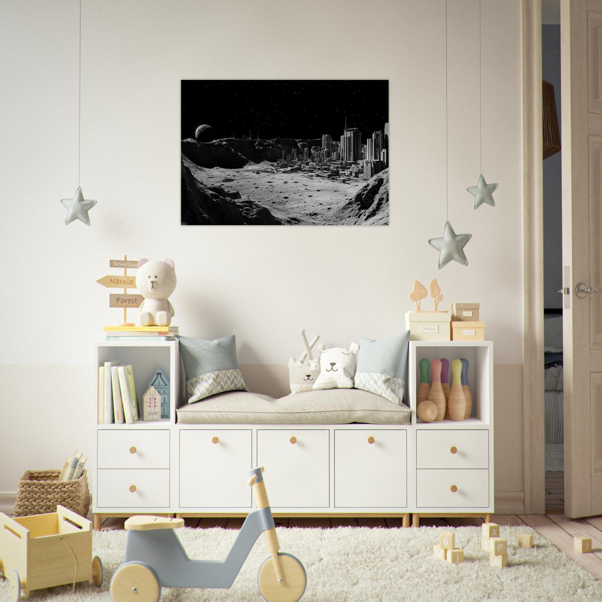 Aluminum Print Landscape - Crater City on a Dead Moon A sprawling city built - Shop Ai Art WebShop - Digital Art online Store