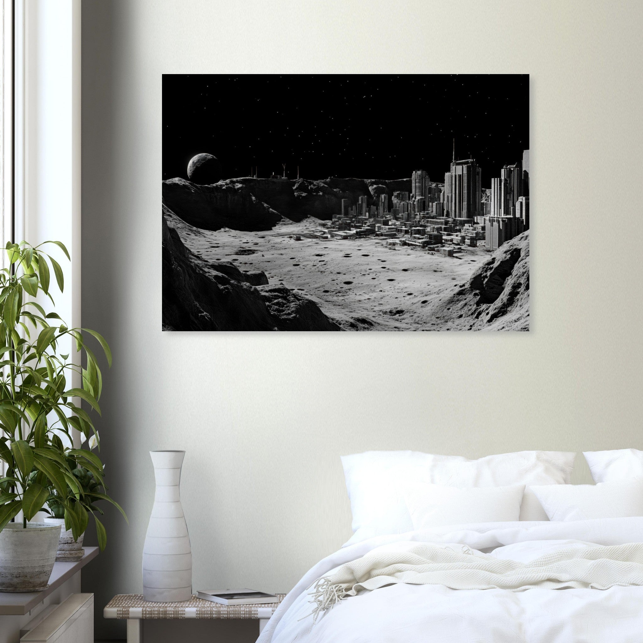 Aluminum Print Landscape - Crater City on a Dead Moon A sprawling city built - Shop Ai Art WebShop - Digital Art online Store