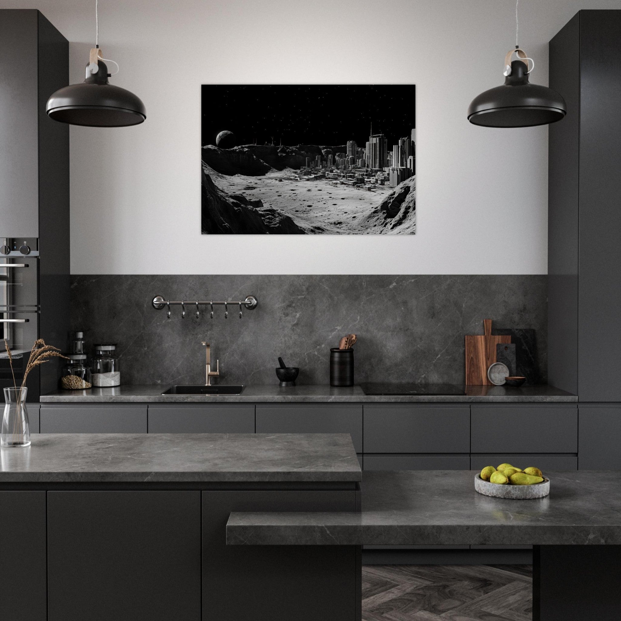 Aluminum Print Landscape - Crater City on a Dead Moon A sprawling city built - Shop Ai Art WebShop - Digital Art online Store