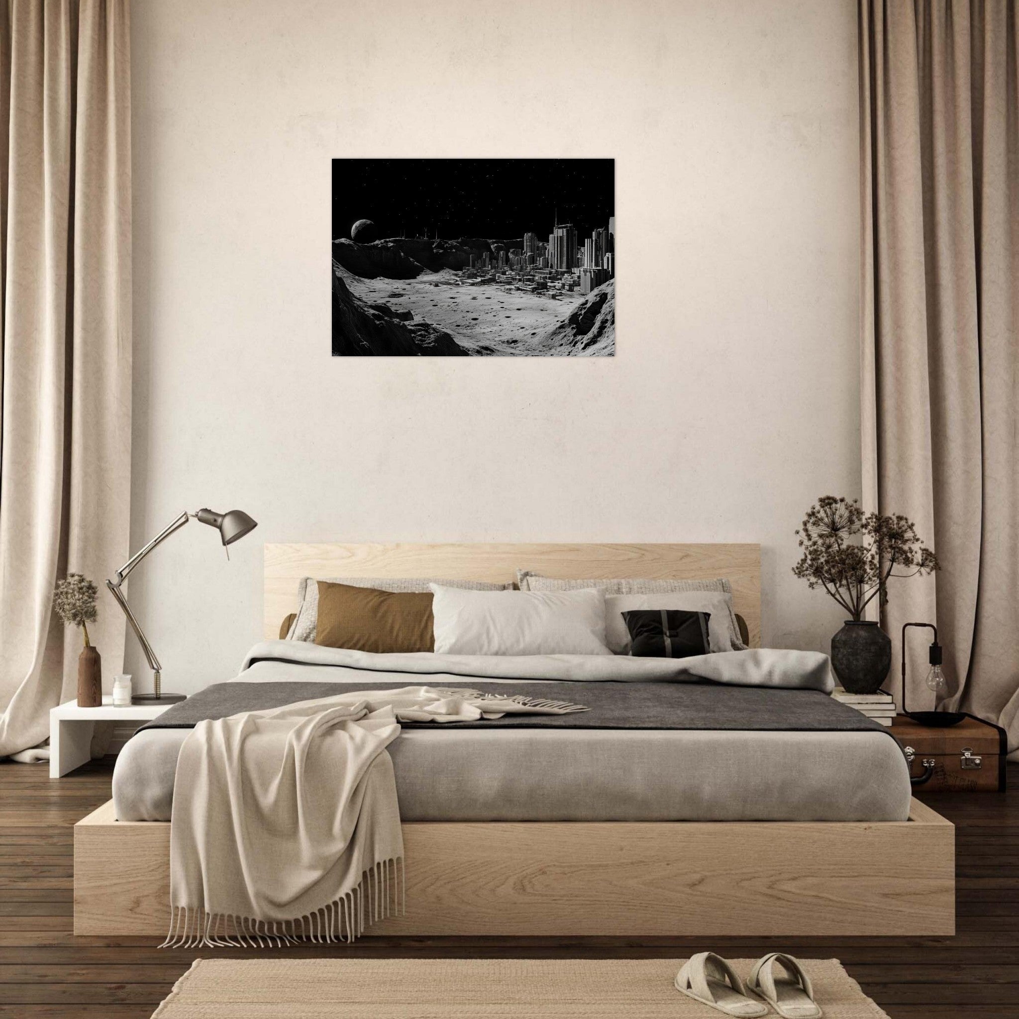 Aluminum Print Landscape - Crater City on a Dead Moon A sprawling city built - Shop Ai Art WebShop - Digital Art online Store